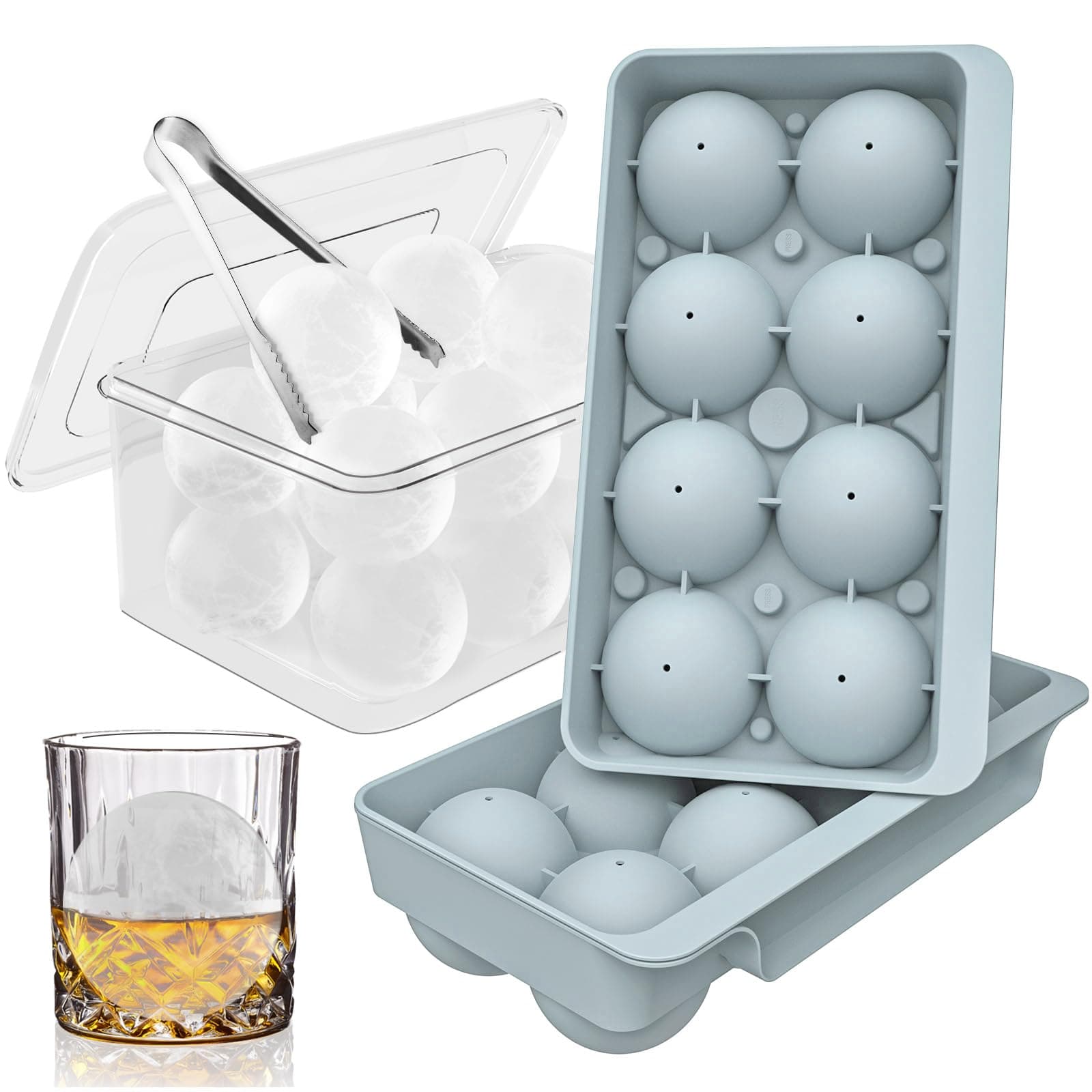 WIBIMEN Large Ice Cube Molds, Big Round Whiskey Ice Cube Trays for Freezer, Easy to Fill & Release, Whiskey Bourbon Cocktail(2.5In*8 Balls- Blue/2 Pack)