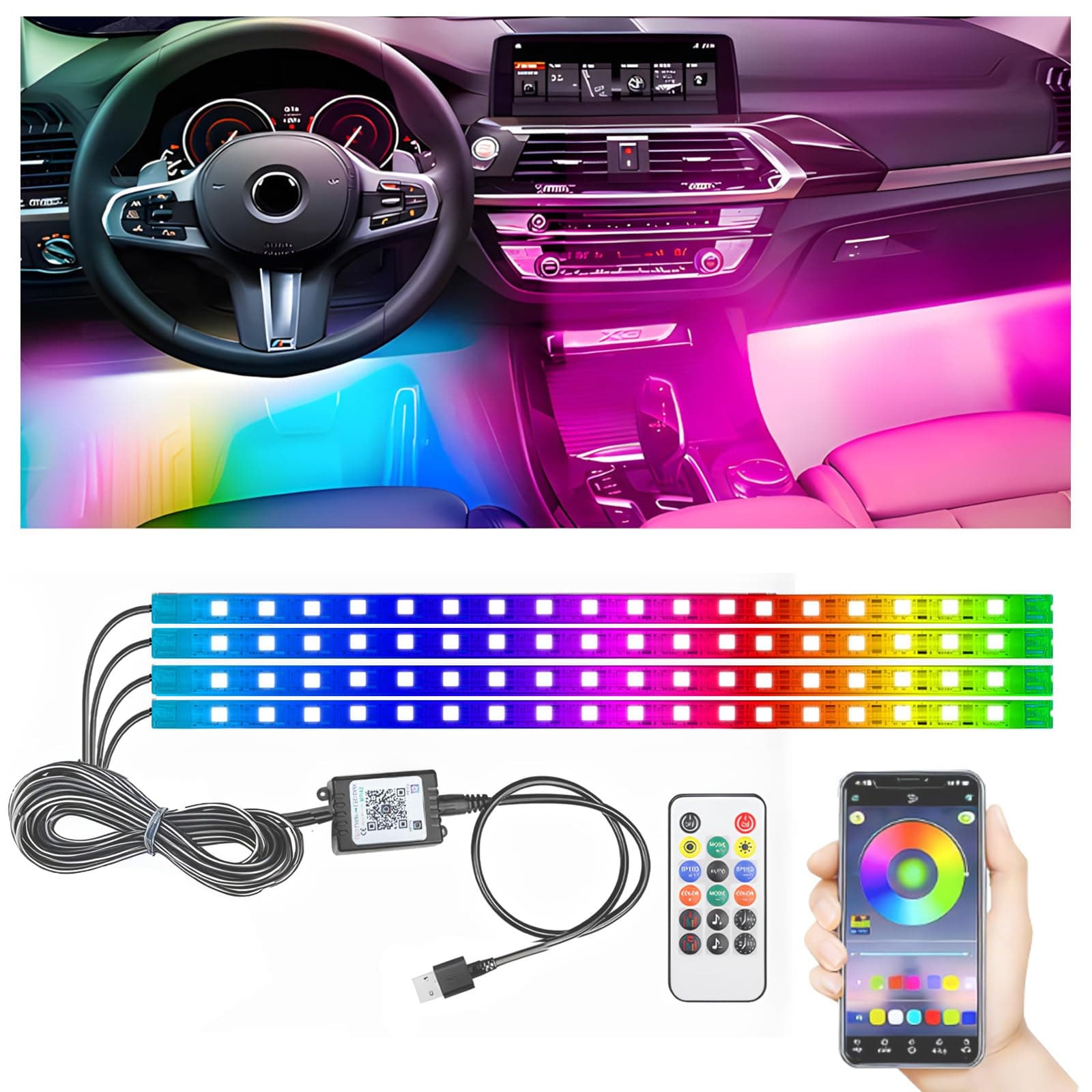 STONEBANKS 5.7FT LED Interior Light for Car, 48LEDs RGB USB Under Dash Lighting, Footwell Neon Internal Lights Kit, Smart APP and Remote Dual Control, Multicolor Music and Mic Mode
