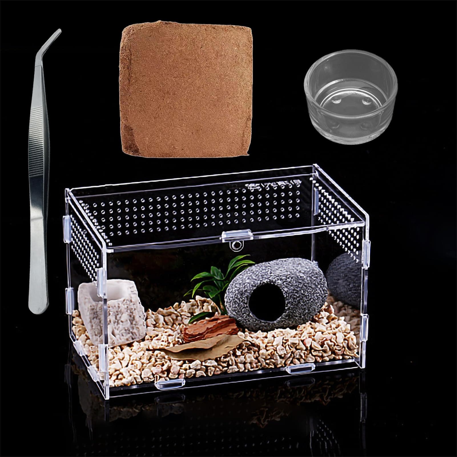 Micro Habitat Terrarium Enclosure Kit(4pc Set),Jumping Spider Enclosure,Spider Enclosure,Tarantula Enclosure, Acrylic Reptile Enclosure(8 * 4.7 * 4.7 Inches)