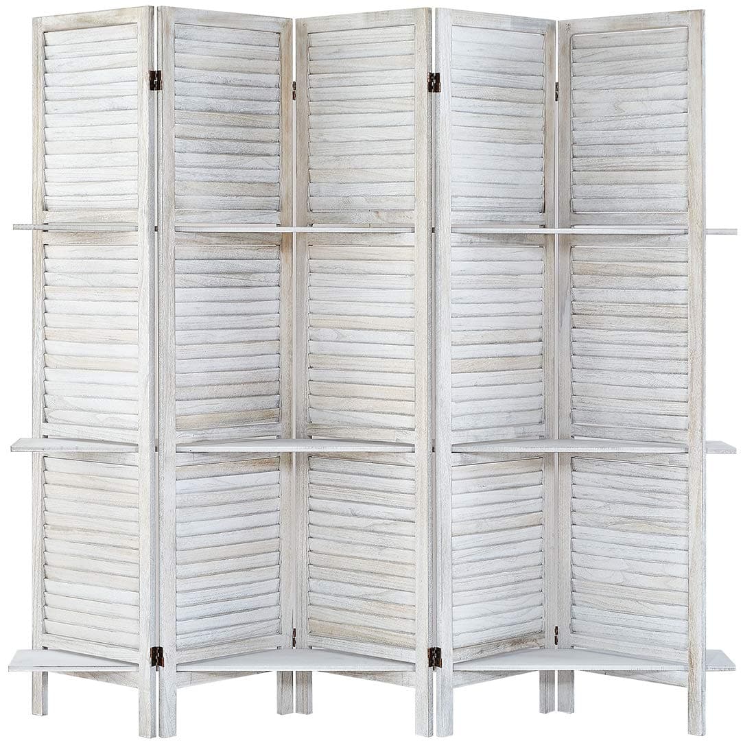 5.6 Ft Wood Room Divider, 5 Panel Divider&Room Dividers, Partition Divider,Decorative Panel, Folding Privacy Screen Panels, Dividers with 3 Shelves and Screens (5 Panel,Coconut)