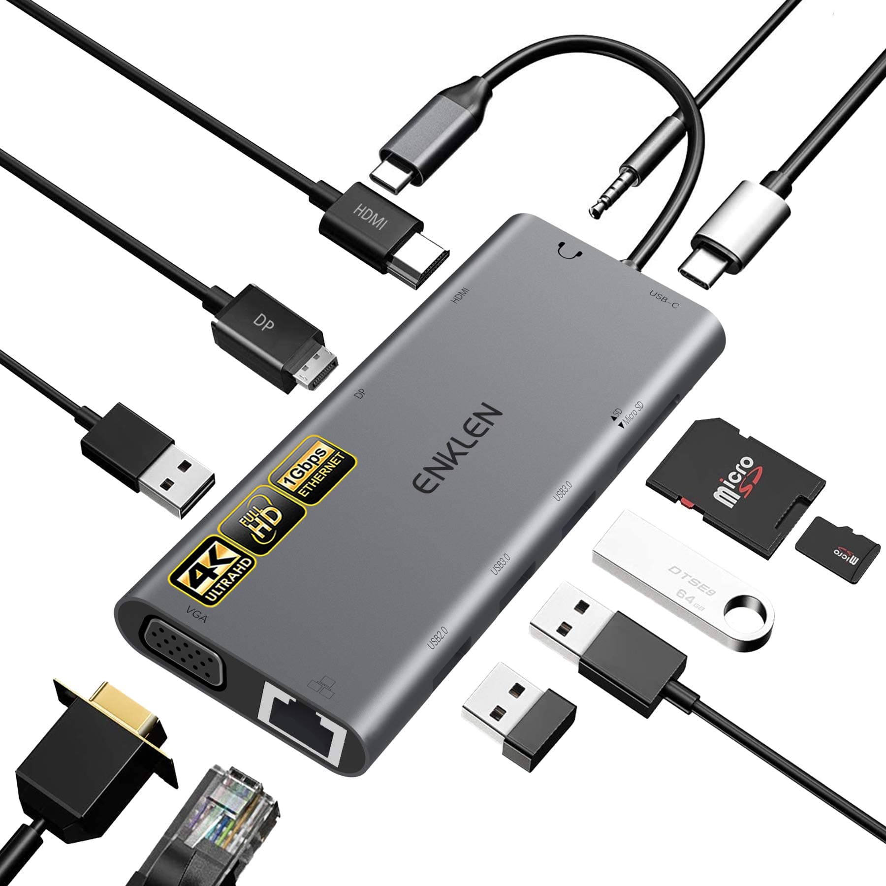 USB C hub,Type C hub Enklen 12 in 1 USB Dongle Adapter Triple Display with 100W PD,Ethernet,2X USB 3.0/USB 2.0,Docking Station for Windows USB C Thunderbolt3 Systems,macOS only Support Mirror Display