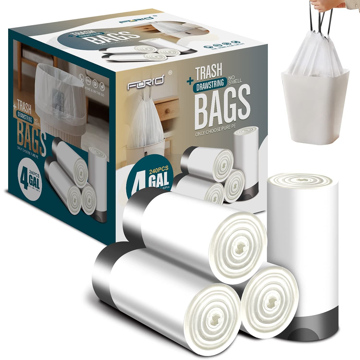 FORID Small Drawstring Trash Bags - 4 Gallon Plastic Garbage Bags 240 Counts White Trash Can Liners 15 Liter for Bathroom Restroom Bedroom Office Toilet - Durable & Thick Trash Bag