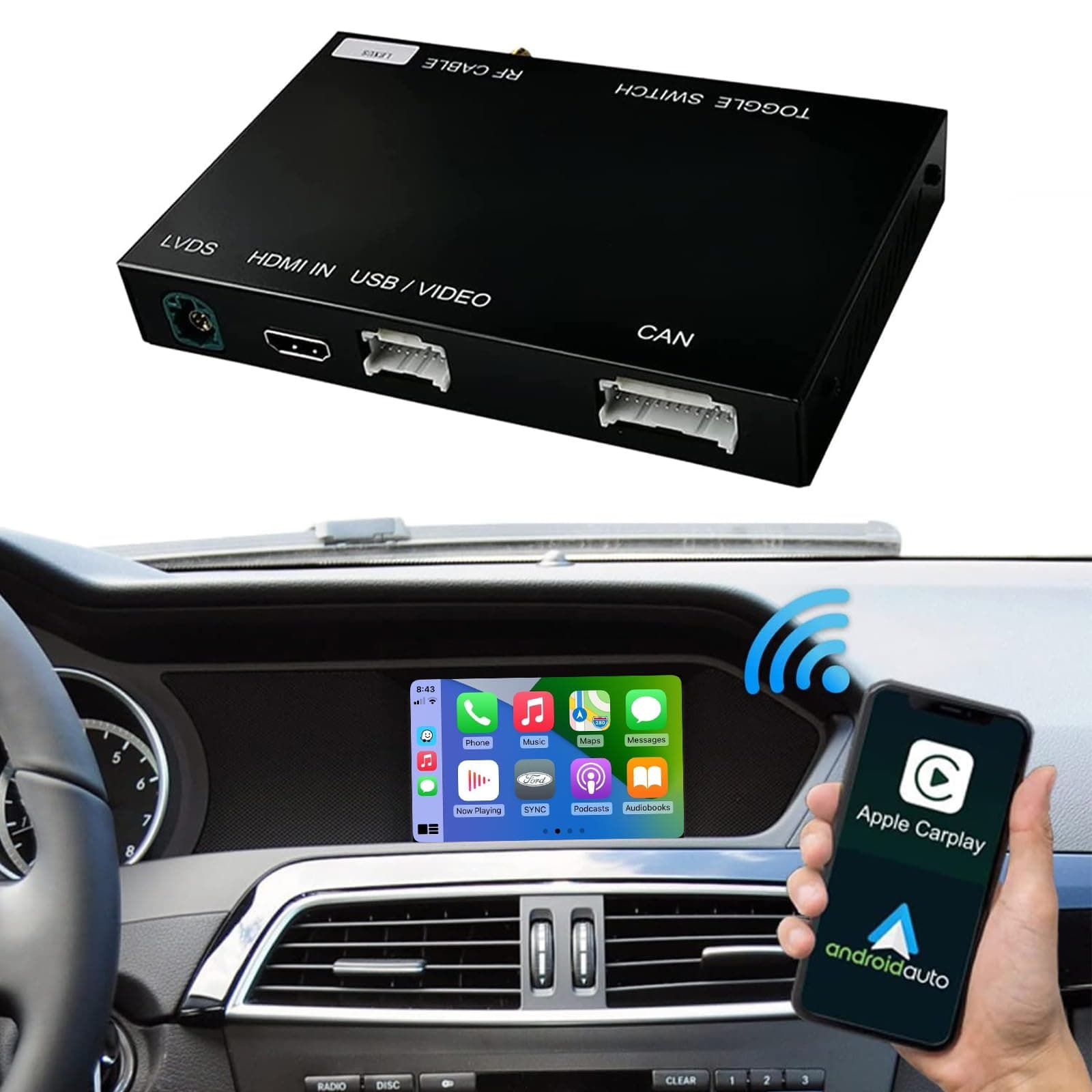 Road Top Wireless Carplay Retrofit Kit Decoder for Mercedes Benz C Class W204 C180 C200 C250 C300 C350 C63 AMG 2011-2014 Year, Support Wireless/Wired Android Auto, Mirrorlink, Reverse Track Camera