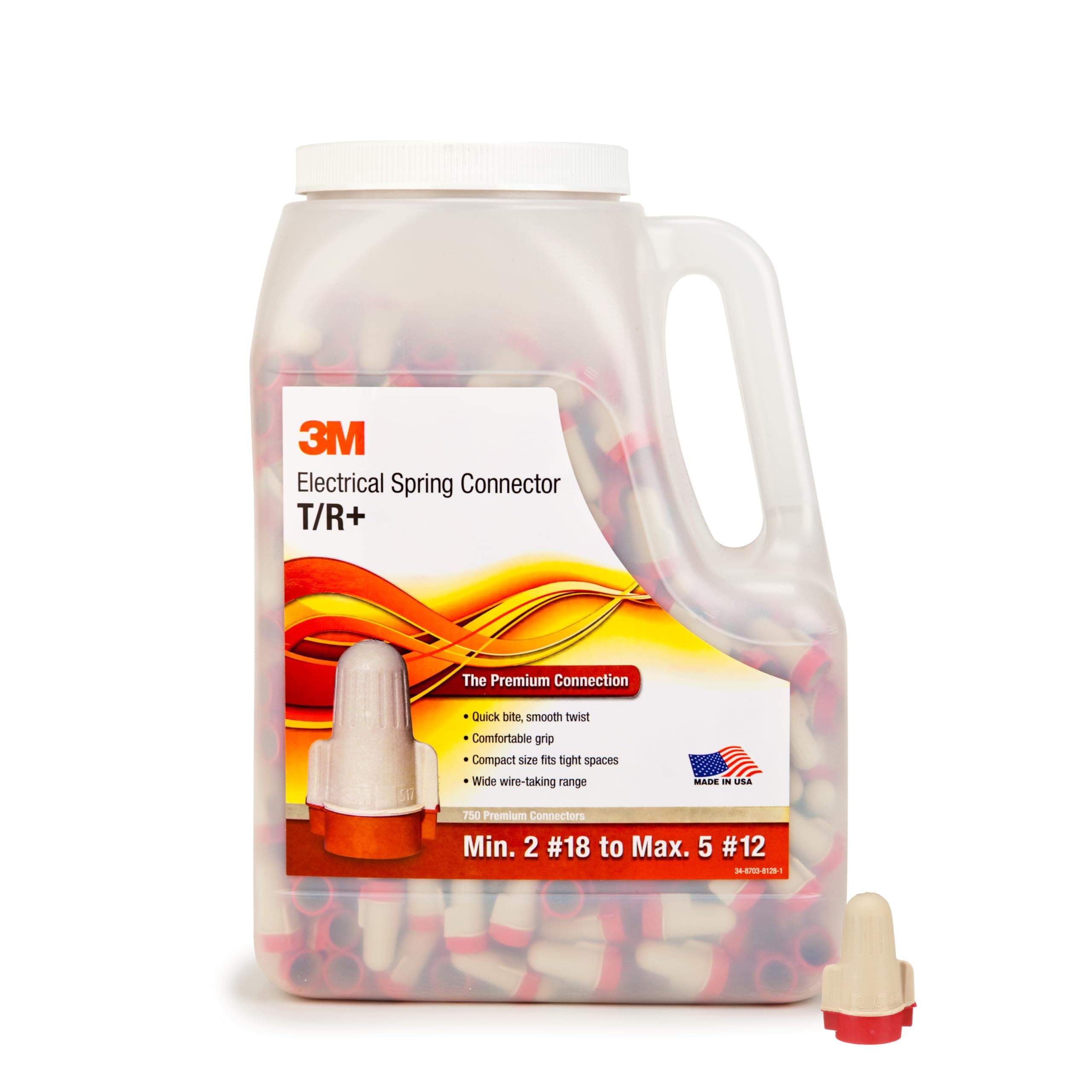 3M Performance Plus Wire Connector T/R+JUG, Tan/Red, Flexible Steel Spring Connectors, Smooth, Comfortable Feel, Copper, CSA Certified, UL Listed, Jug of 750, 22-8 AWG