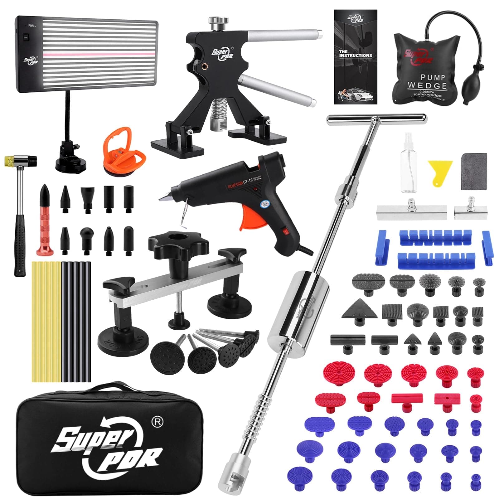 Super PDR Dent Remover Tool for Car, Paintless Dent Removal Kit with Adjustable Width Bridge Puller, Dent Lifte, T-Bar, PDR Light, Slide Hammer for Car Dent Remover,Small & Large Hail Dent