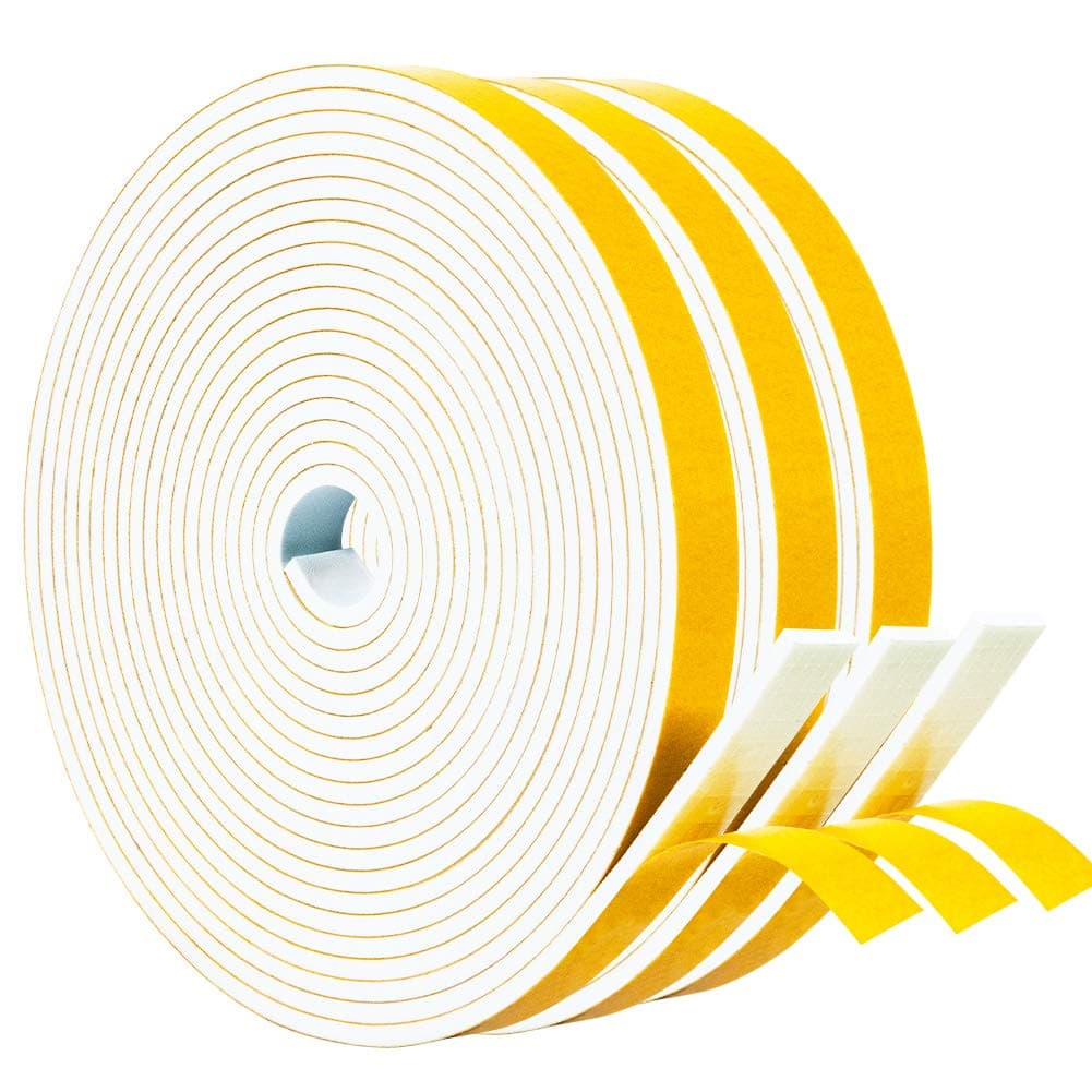 Yotache White Windows Doors Insulation Seal Tape 3 Rolls 1/2" x1/8", Adhesive Foam Gasket for Weather Stripping, Cabinet Door Frame, Total 50 Feet Long (3 X 16.5 Ft Each)