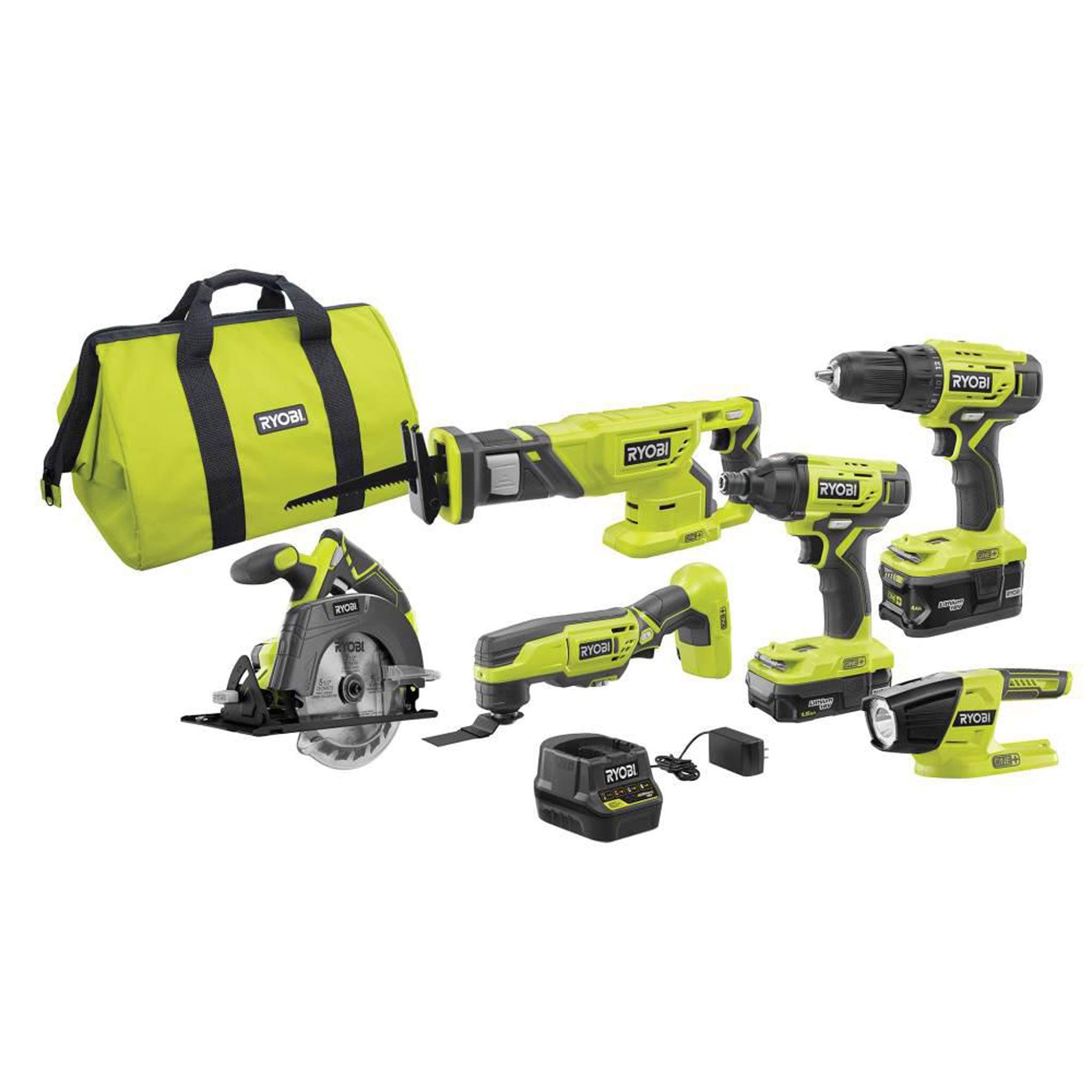 P1819 18V One+ Lithium Ion Combo Kit (6 Tools: Drill/Driver, Impact Driver, Reciprocating Saw, Circular Saw, Multi-Tool, LED Worklight, 4.0 Ah & 1.5 Ah Battery, Charger, Bag)