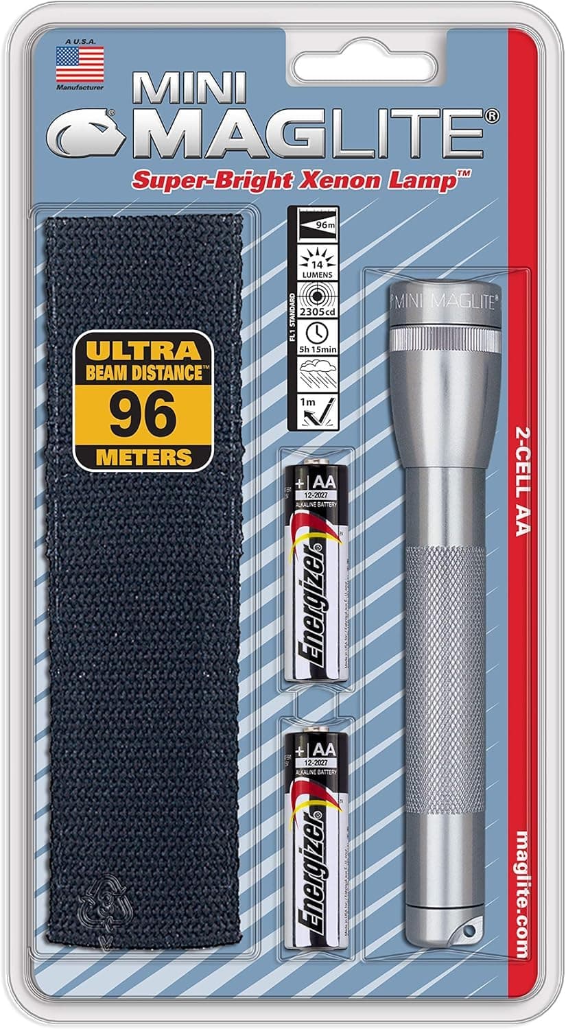 Mini Incandescent Flashlight – Compact, Water-Resistant, Twist On/Off, 2-Cell AA Battery-Powered with Holster – Gray