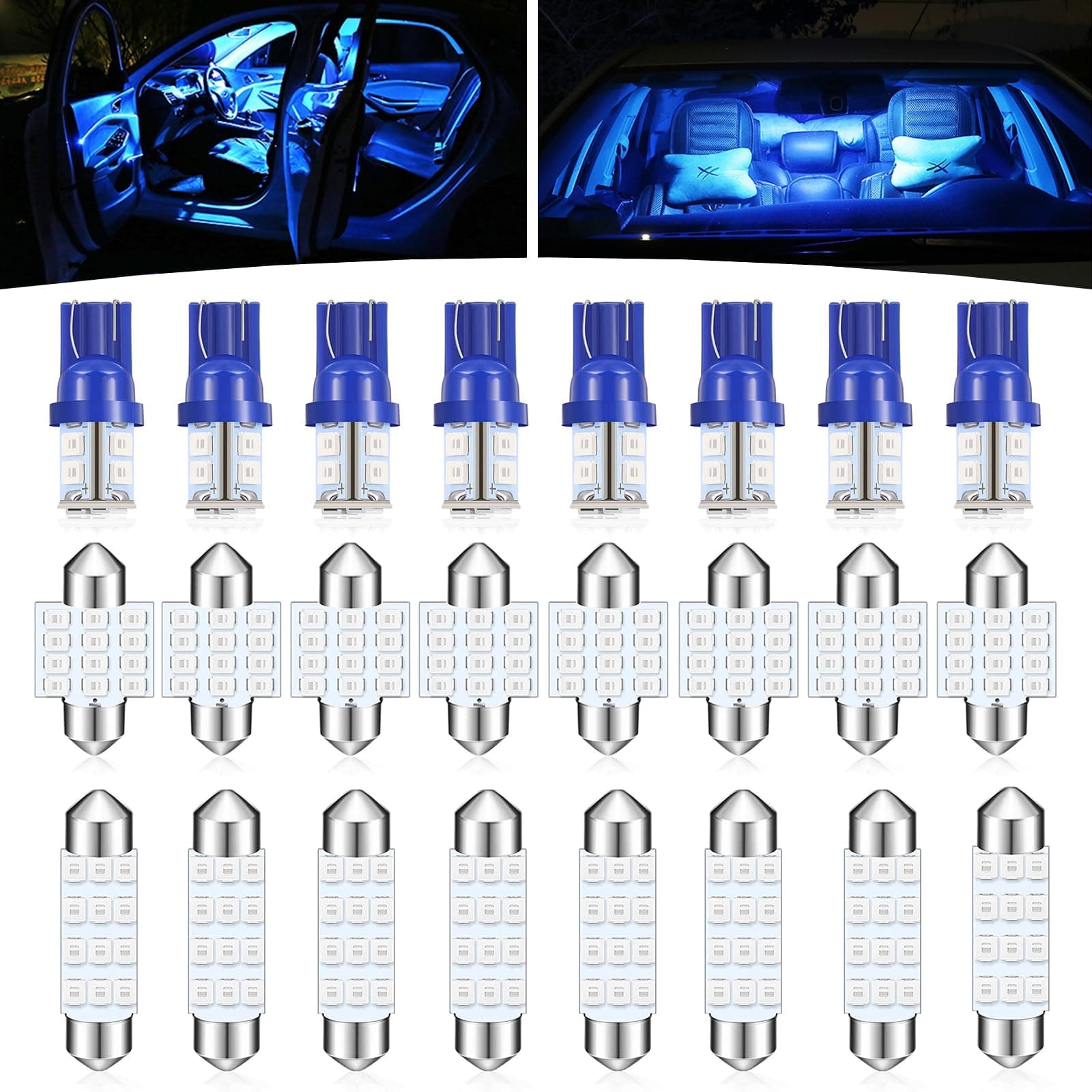 Pack-24 Car LED Bulb Kit Set, T10 31 mm 42 mm Interior Car Lights Bulbs Dome Light, Festoon Bulbs LED Replacement Bulbs for Car Dome Map Door Courtesy License Plate Lights (Blue)