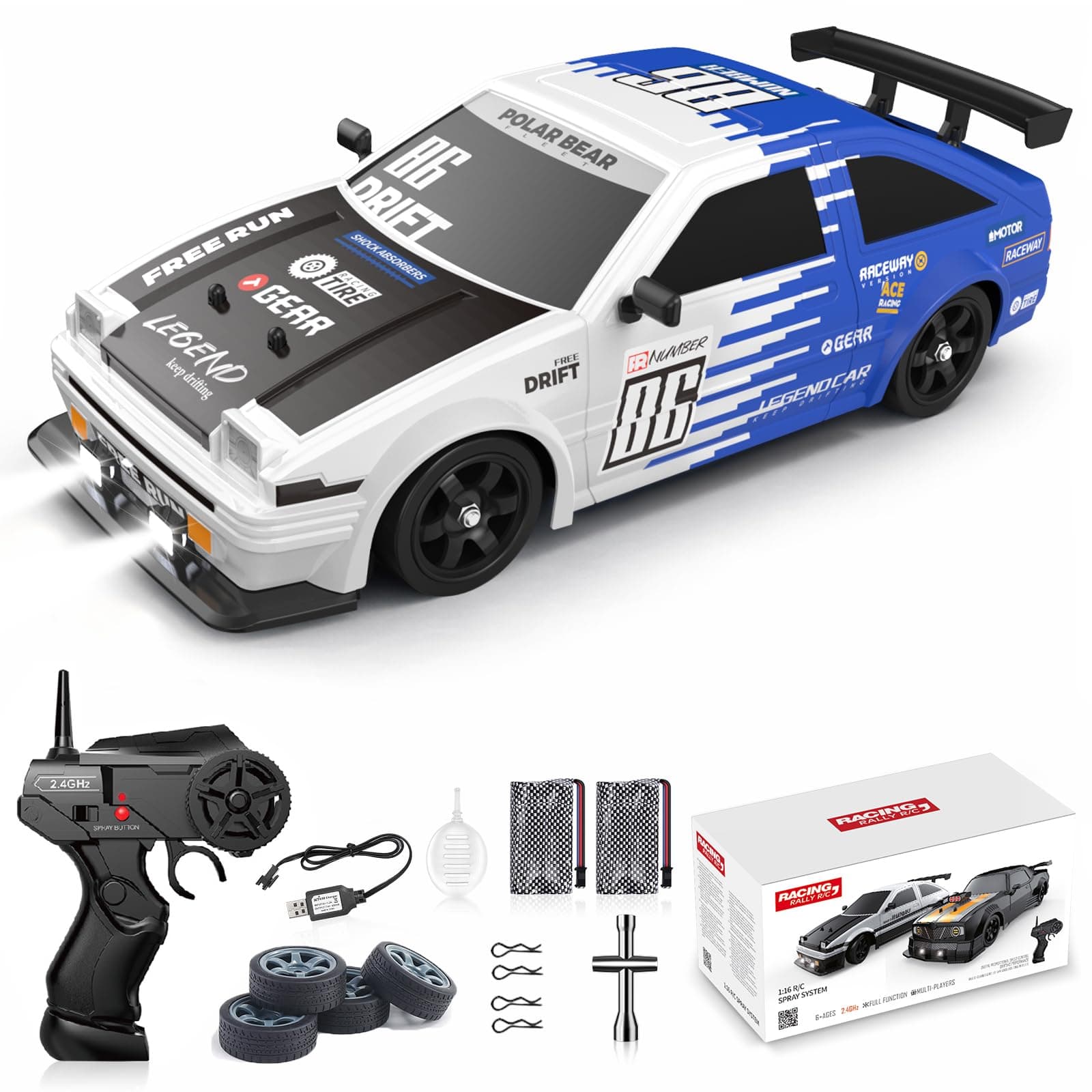 RC Drift Car Remote Control Car 2.4ghz 1/16 Scale 4WD High Speed RC Cars Vehicle with LED Lights Two Batteries and Drifting Tire Racing Sport Toy for Adults Boys Girls Kids Gift
