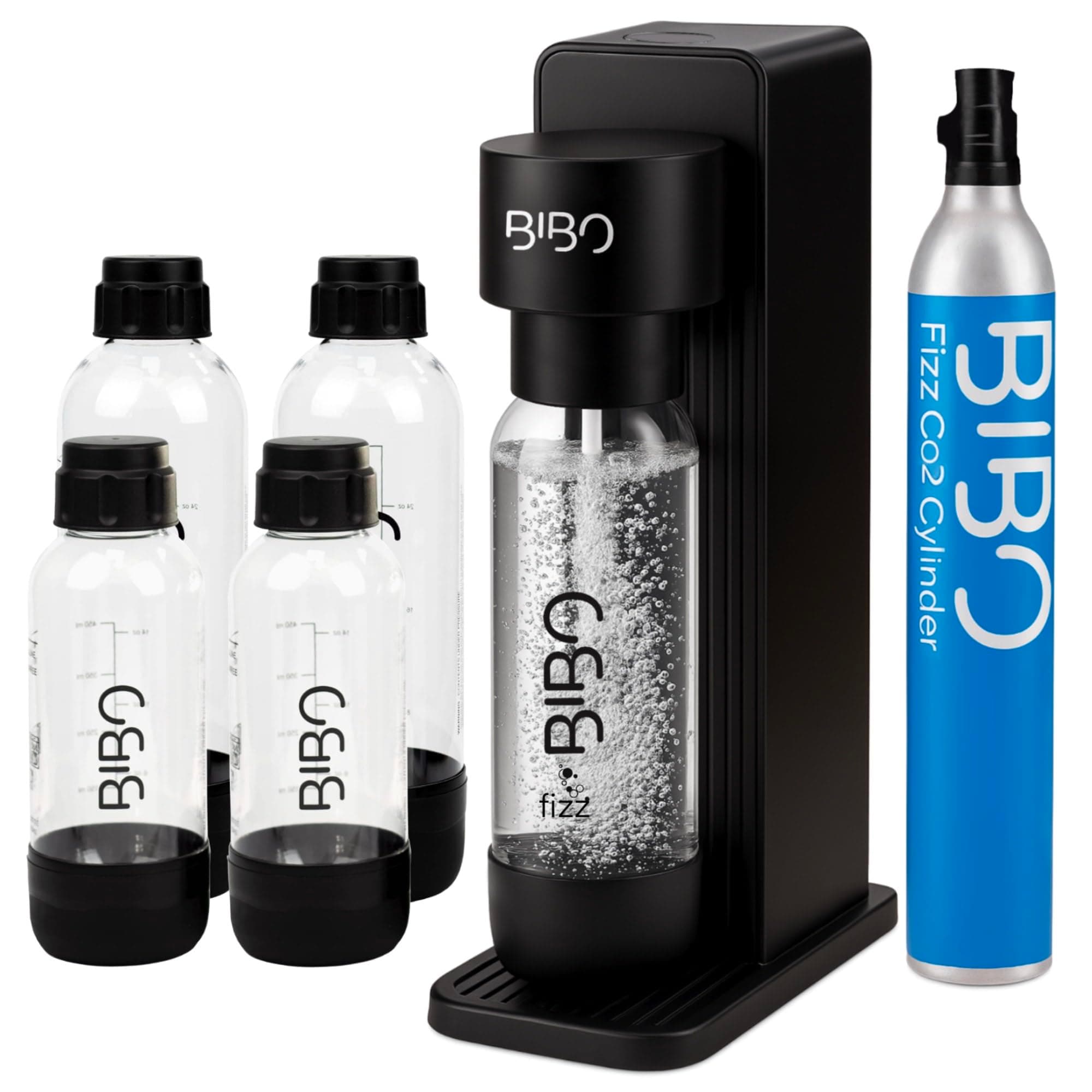 BIBO Sparkling Water Maker Bundle | Includes 60L Carbonated Gas Cylinder + 4 BPA-Free Reusable Bottles + Fizzy Soda Water Maker Machine | Quick Screw In CO2 System, Black