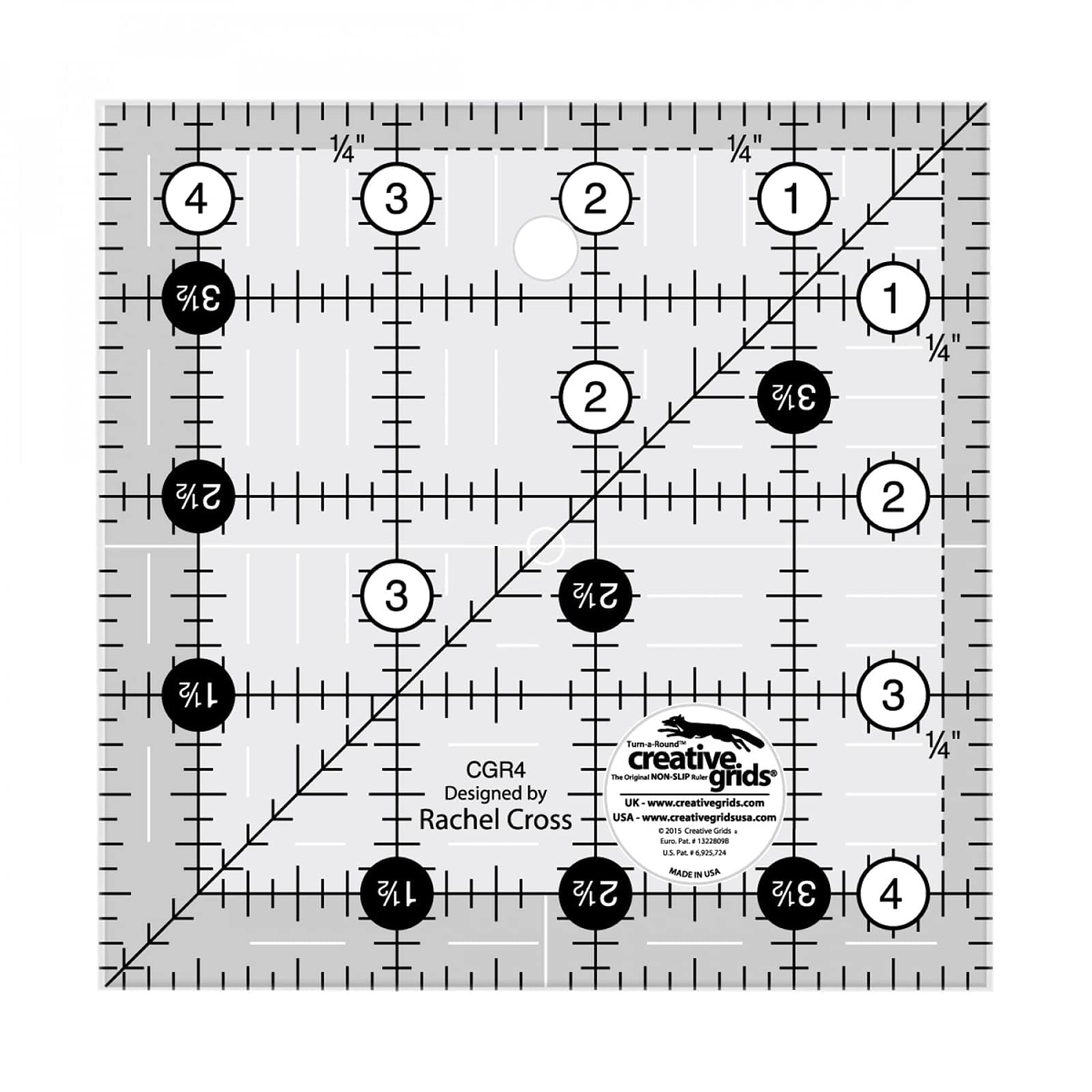 Quilt Ruler 4-1/2in x 4-1/2in Square – CGR4 – Made in USA, Non-Slip Grip Acrylic Quilting, Sewing, Crafting, Patchwork Ruler for Measuring & Cutting Fabric