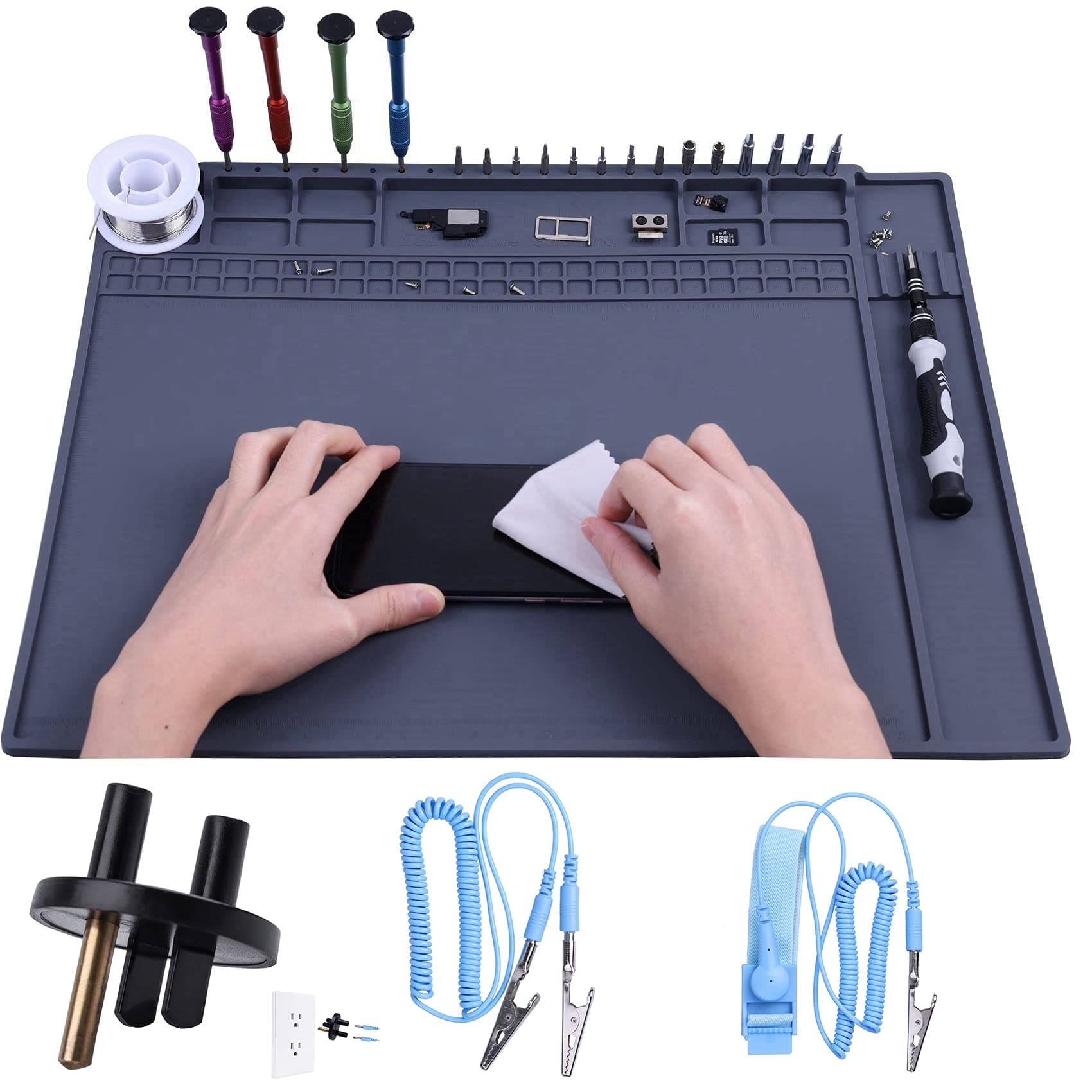 Anti Static Mat Super Large, HPFIX ESD Mat with ESD Wristband and Grounding Wire for Electronics Static Free, Soldering Mat Heat Resistant for Computer, Laptop, Cellphone, iPad Repair 17.7" x 13.6"