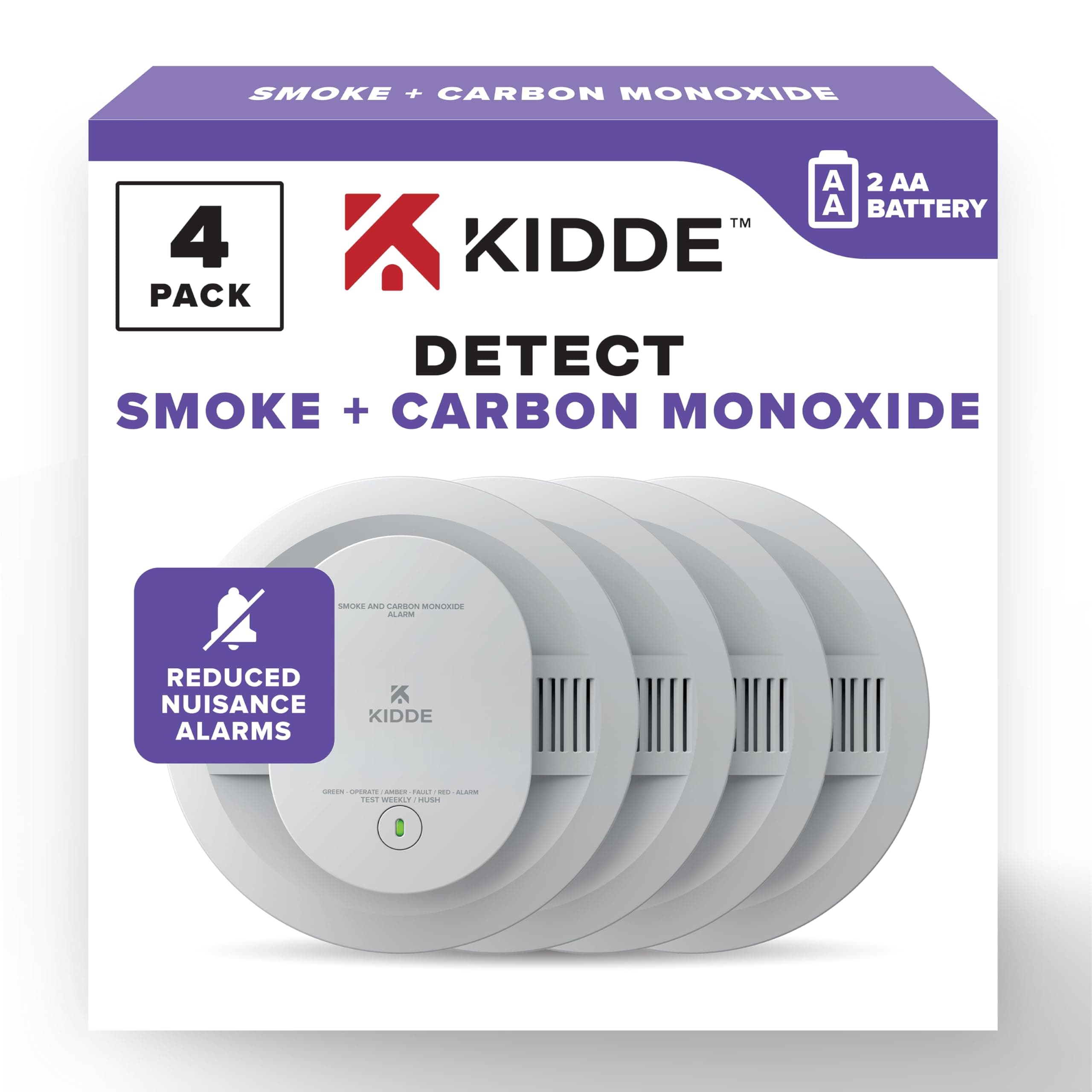 Kidde Smoke & Carbon Monoxide Detector, AA Battery Powered, LED Warning Light Indicators, 4 Pack