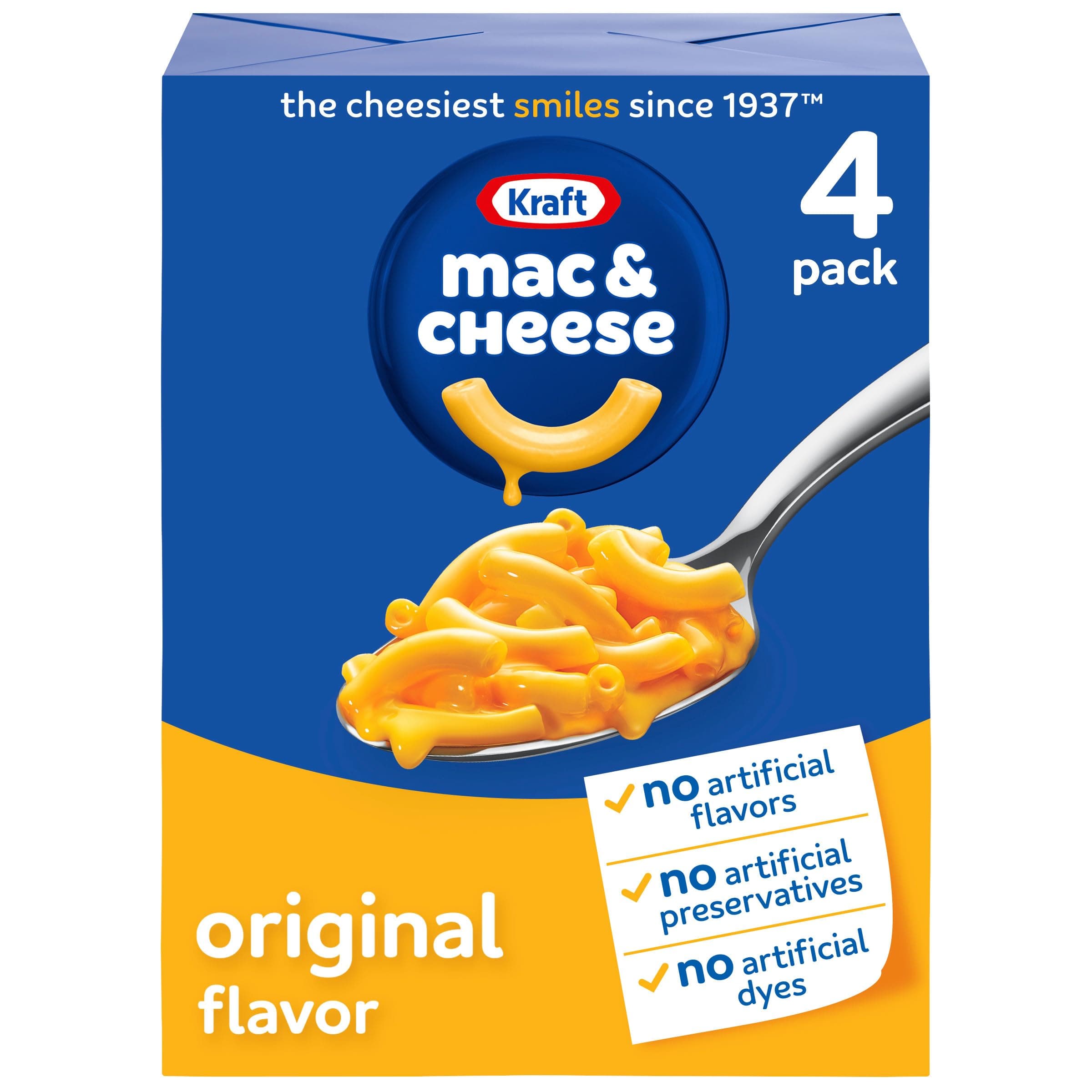 Mac and Cheese, 4 Boxes, for Easy Dinner or Dinner Sides, Original Flavor, No Artificial Flavors, Preservatives or Dyes, 7.25 oz