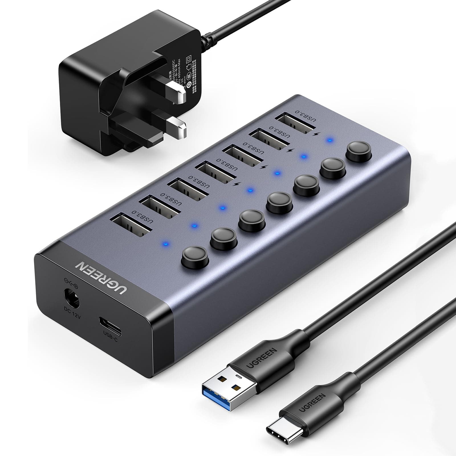 UGREEN Powered USB Hub 3.0, 7-Ports Charging Extender Data Hub (12V/2A Not Fast Charge) Splitter Extension, Power USB A Adapter with Individual On/Off Switches for Laptop, PC, HDD, Flash Drive
