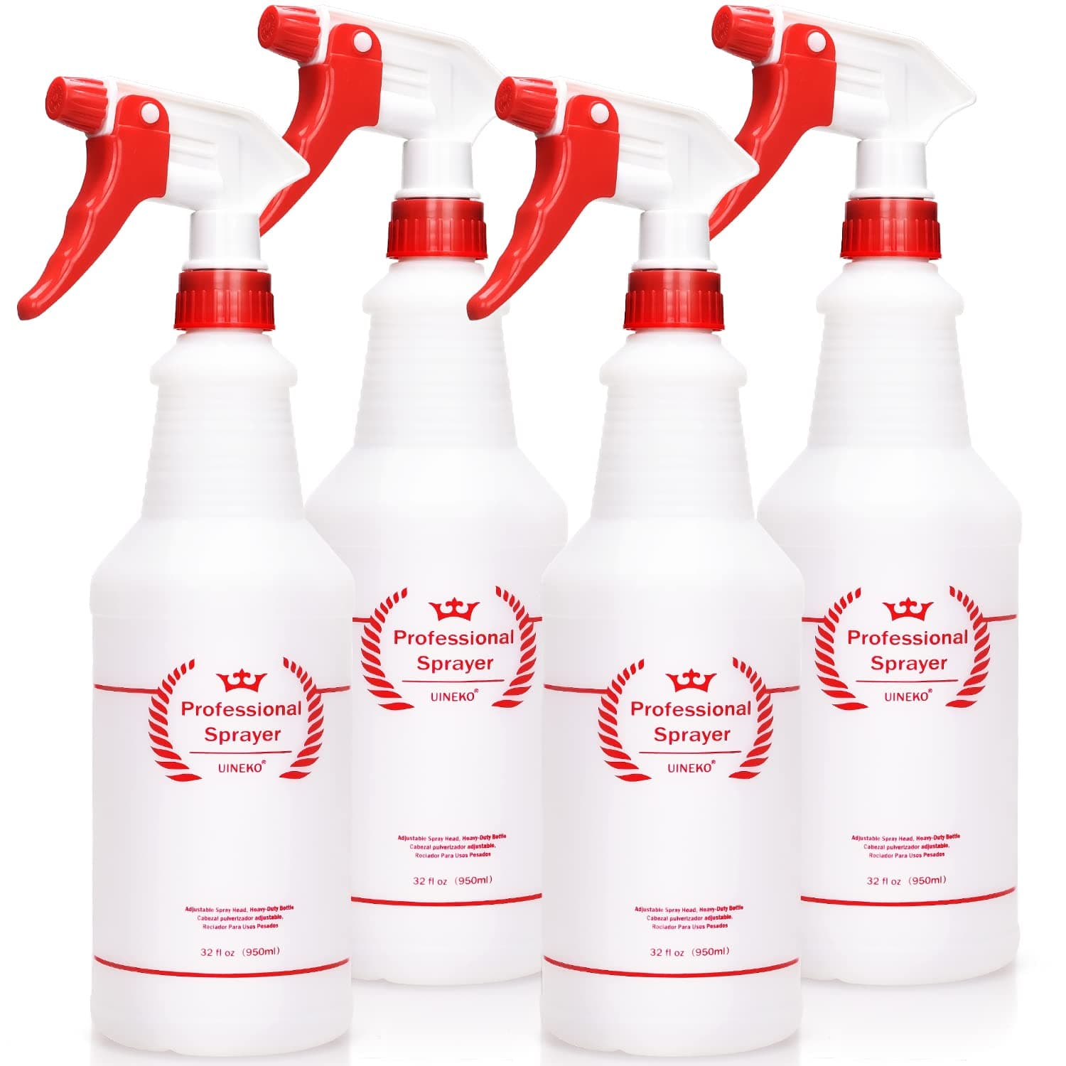Plastic Spray Bottle (4 Pack, 32 Oz, All-Purpose) Heavy Duty Spraying Bottles Leak Proof Mist Empty Water Bottle for Cleaning Solution Planting Pet with Adjustable Nozzle and Measurements