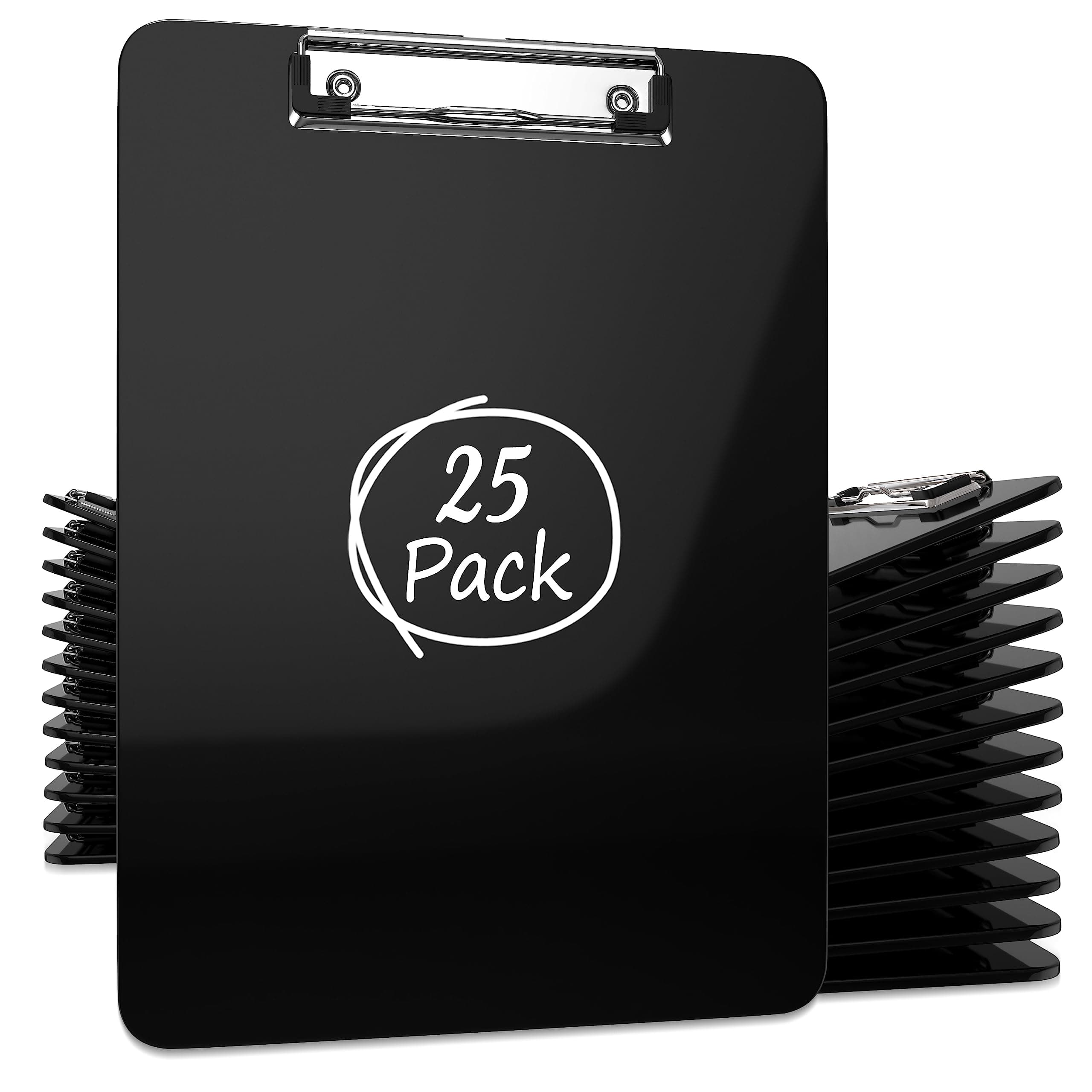 25 Pack Plastic Clipboards Black Clip Boards with Low Profile Metal 12.5 x 9 Inch Letter Size Bulk Class Set Black Acrylic Hanging Hook - Holds 100 Sheets