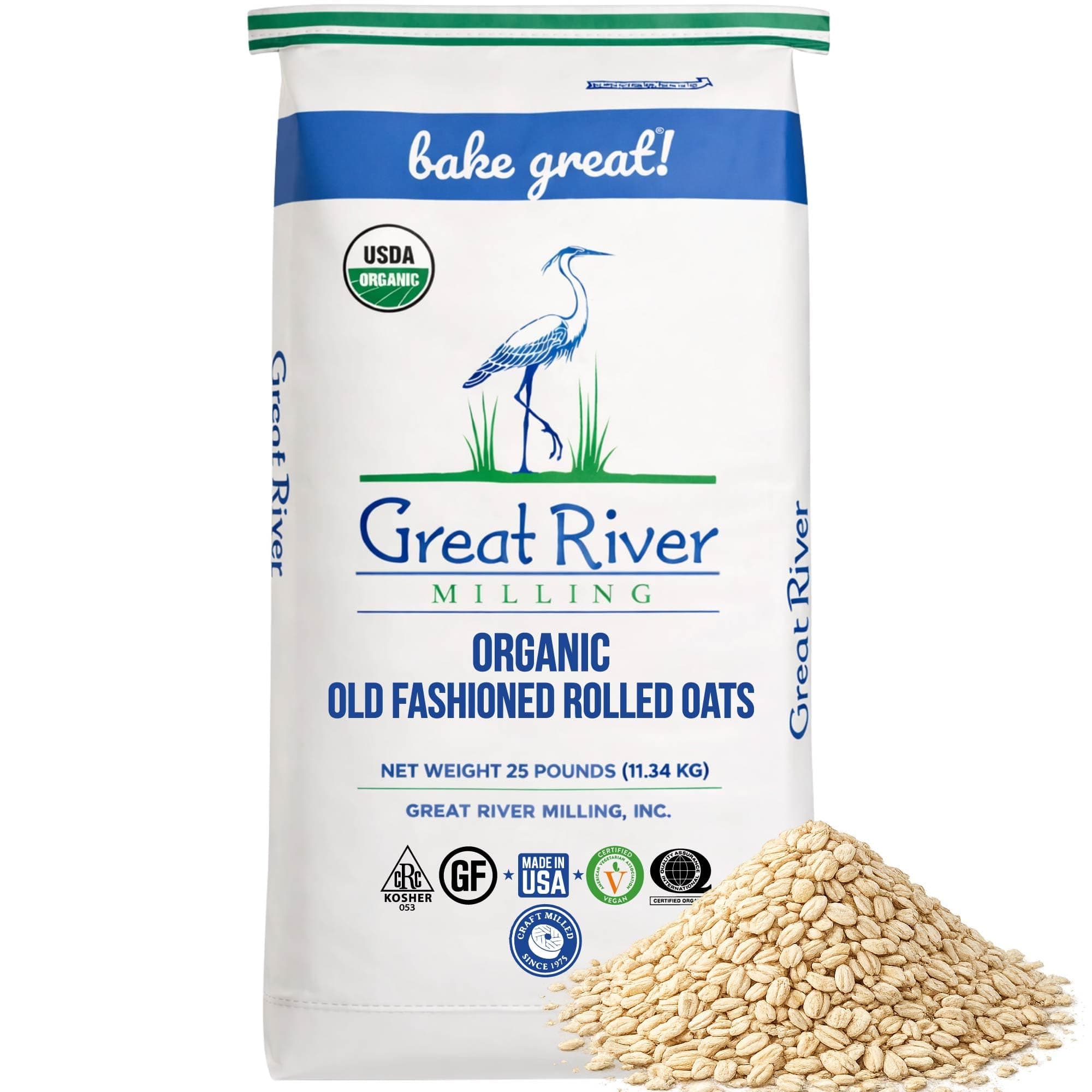 Great River Milling Organic Old Fashioned Rolled Oats | Whole Grain, USDA Organic, Non-GMO, Kosher | Hearty Texture for Oatmeal, Granola, Cookies, Baking & Meal Prep | 25 Lb. (Pack of 1)