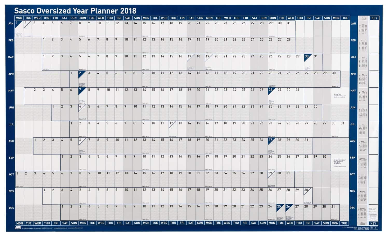 Sasco 2018 Oversized A1 Wall Planner with Sticker Pack, Wet Wipe Marker Pen & Pen Clip (W1100 x H610mm)