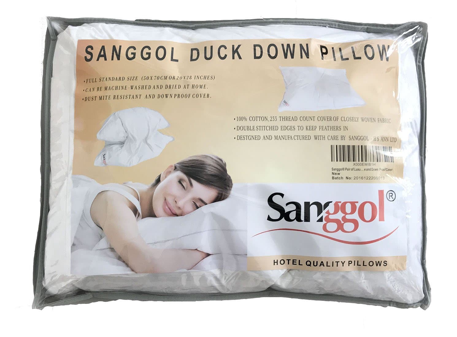 Sanggol Pure White Duck Feather and Down Pillow. Luxurious Medium/Soft Pillow. Wash at Home Pillows. Hypoallergenic, Anti Dust Mite Pillow with Down Proof Cover