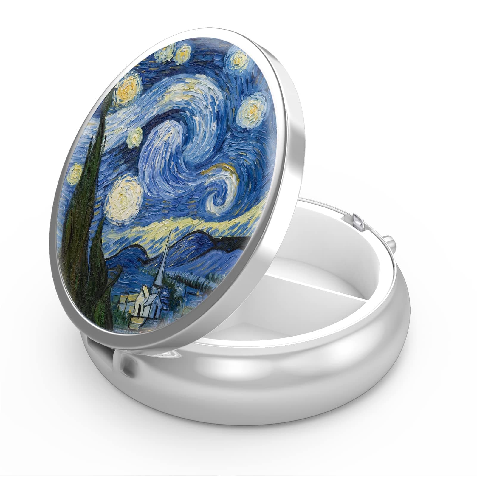 Hion Pill Box 3 Compartment Portable Pill Case for Pocket or Purse Pill Box Decorative Metal Medicine Vitamin Organizer Unique Gift(Van Gogh Starry Night)