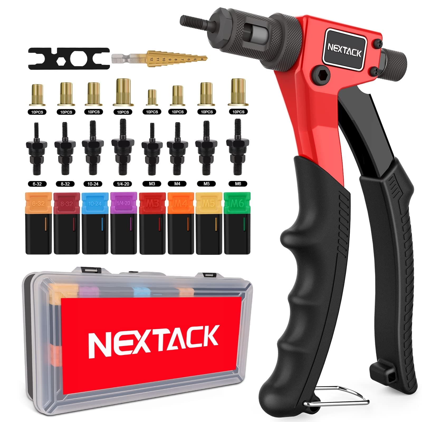 NEXTACK Rivet Nut Tool Kit with a Step Drill Bit & 80pcs Nutsert Designed for Tight Space, 8" Rivnut Tool with 8pcs Mandrels Incl. 6-32 & 8-32 in Organized Storage Case NT600