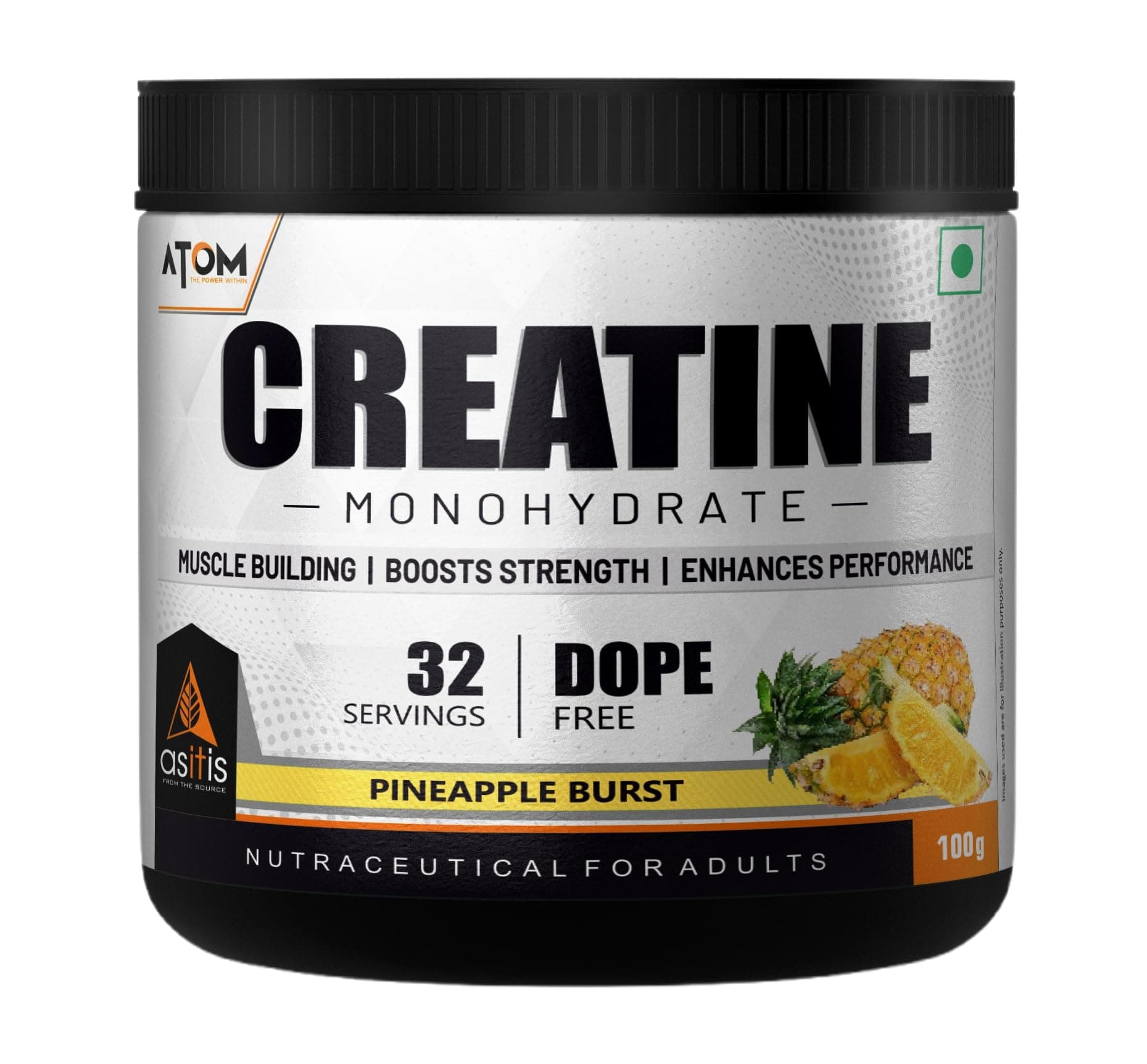 AS-IT-IS Nutrition ATOM Creatine Monohydrate Powder 100 grams - 32 Servings | Dope Free | Enhances Performance | Promotes Muscle Gains | Pineapple Burst