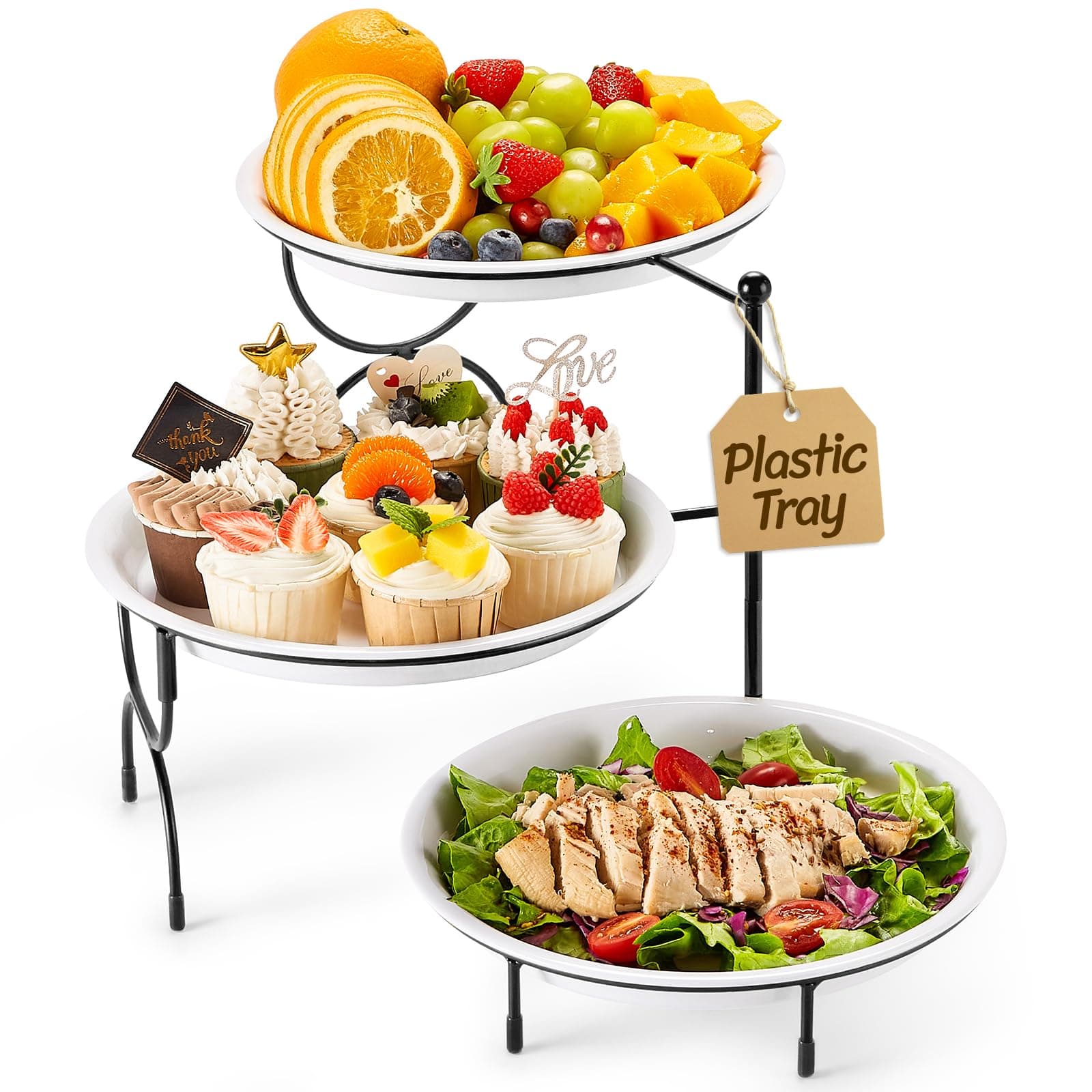 Lifewit Plastic 3 Tier Serving Tray for Party, 25 cm/10" White Reusable Round Serving Platters with Gold Collapsible Metal Stand, Decorative Dessert Table Display Set for Veggie, Fruit, Cookies