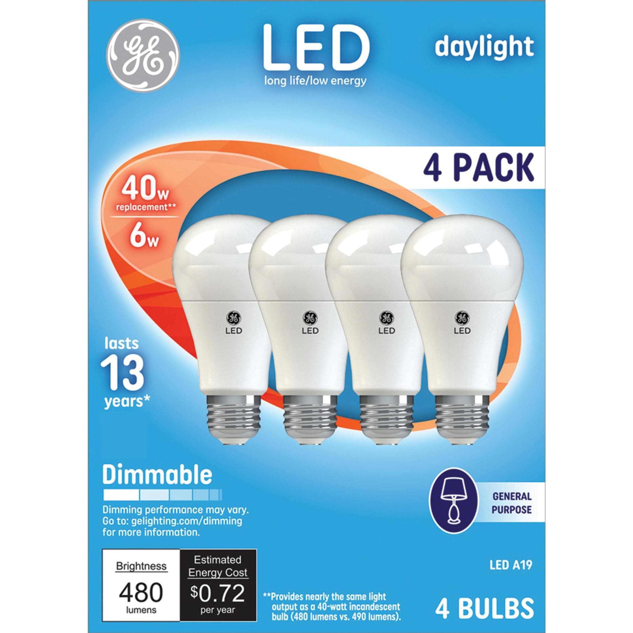 GE Lighting 67614 Dimmable LED A19 Light Bulb with Medium Base, 6-Watt, Daylight, 4-Pack