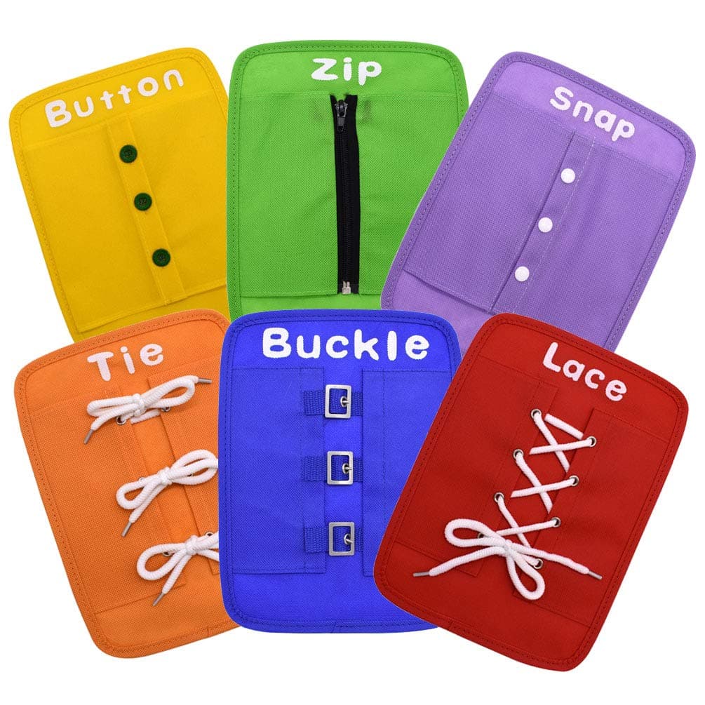 Busy Board Early Learning Basic Life Skills Learn to Dress Boards-Button,Zip,Lace,Buckle,Tie,Snap 6 Pcs/Set