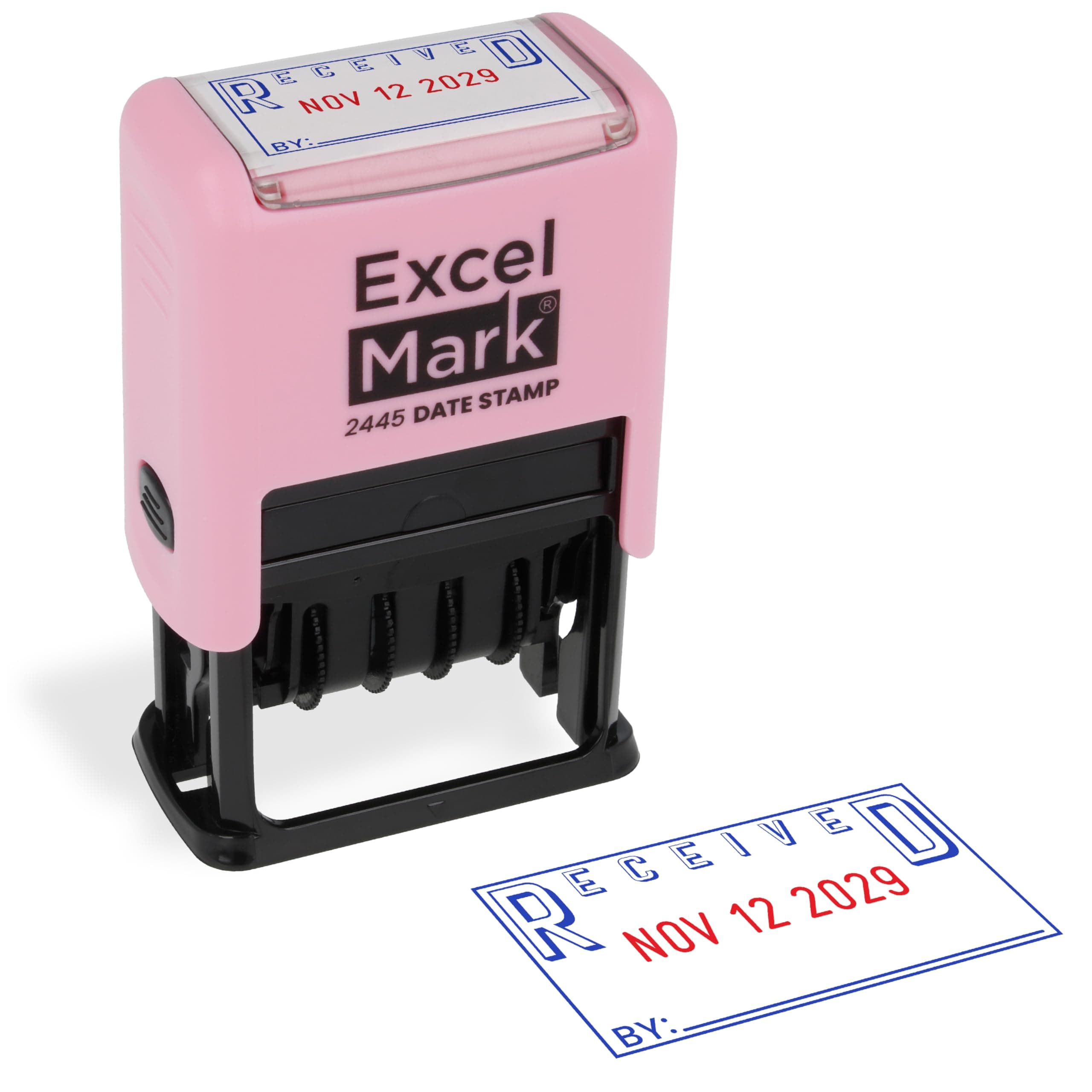 ExcelMark 2445 Date Stamp with Text - Blue and Red Ink (Pink Mount, Received)