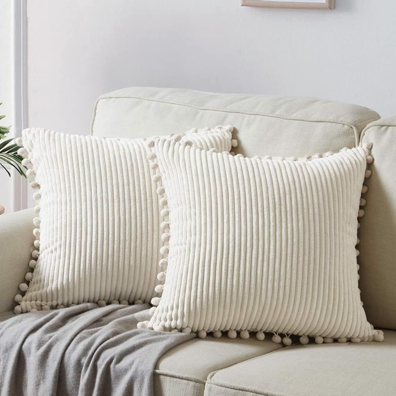 Angju Pack of 2 Boho Decorative Throw Pillow Covers with Pom-poms, Soft Corduroy Accent Solid Square Cushion Case Set for Couch Sofa Bedroom Car Living Room