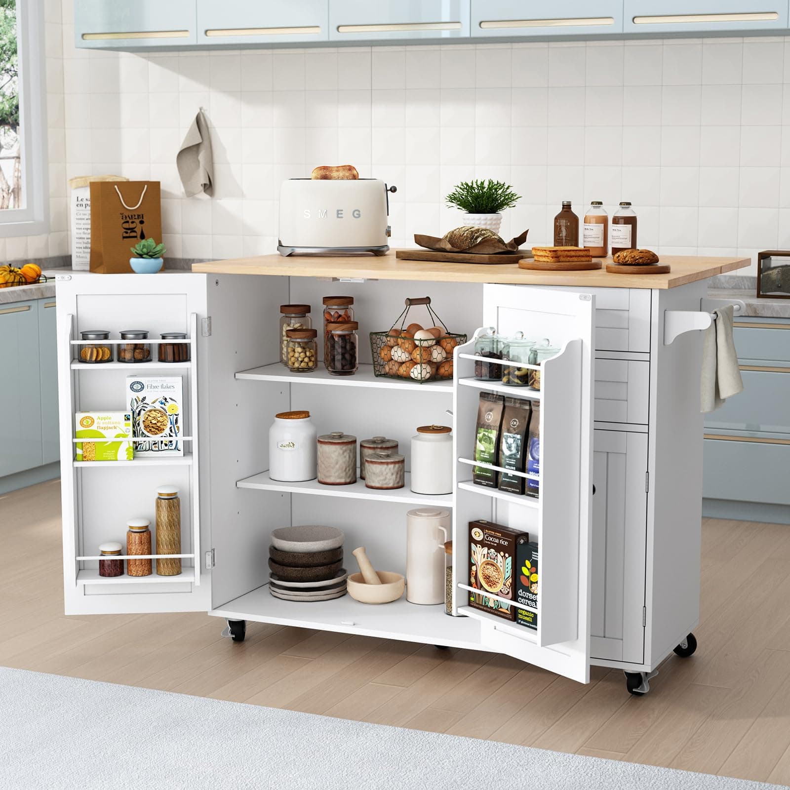 HLR Kitchen Island with Storage, White Rolling Kitchen Island on Wheels with Drop-Leaf Bar Countertop, Island Table for Kitchen with Side Open Spice Rack and Tower Rack, Extra Storage for Kitchen