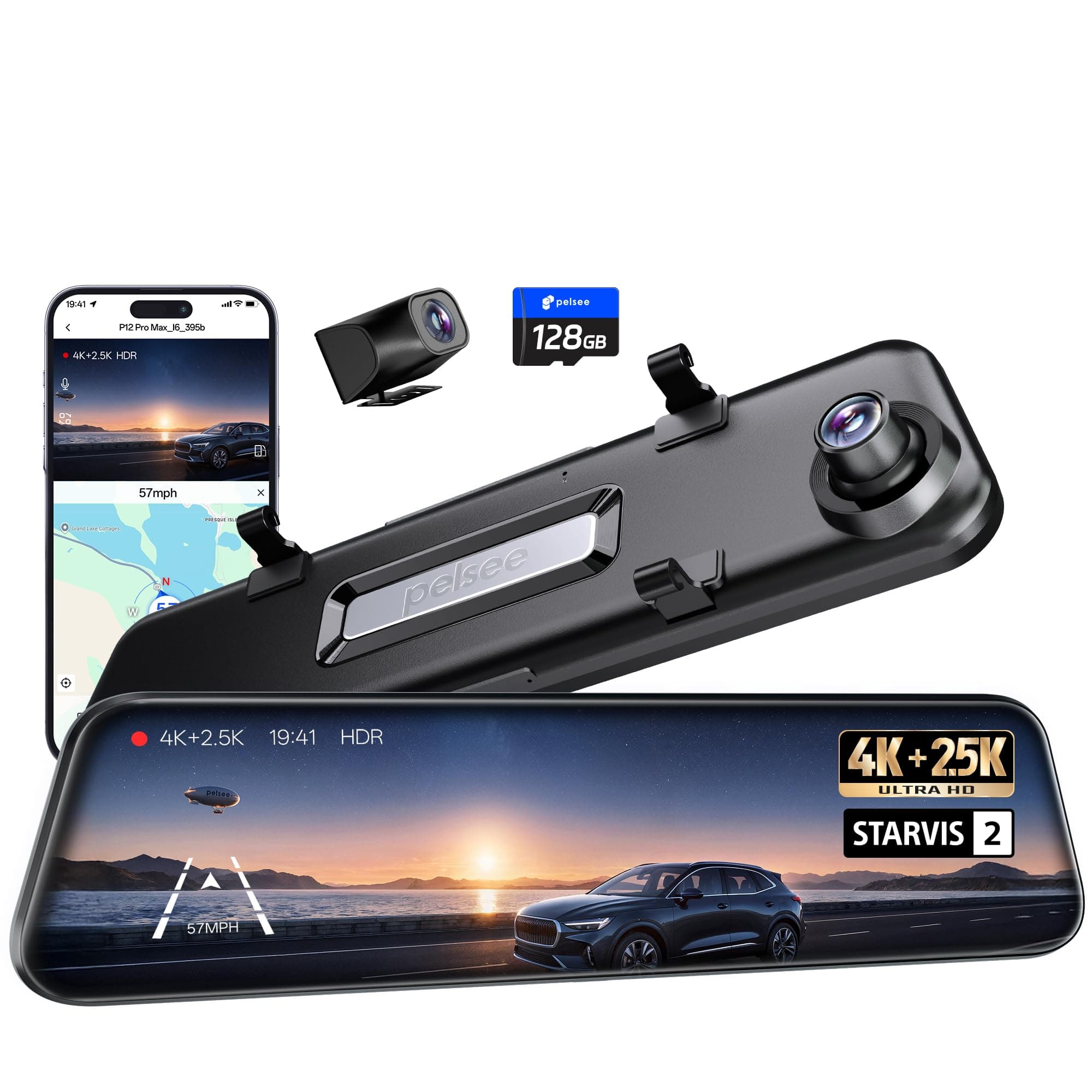 Pelsee 4K+2.5K Mirror Dash Cam with Front Starvis 2 IMX678 & Rear IMX335, 12" Rear View Mirror Camera, Color Night Vision, 5.8GHz WiFi, ADAS & BSD, Included OBD Hardwire Kit, 128GB Card, P12 Pro Max