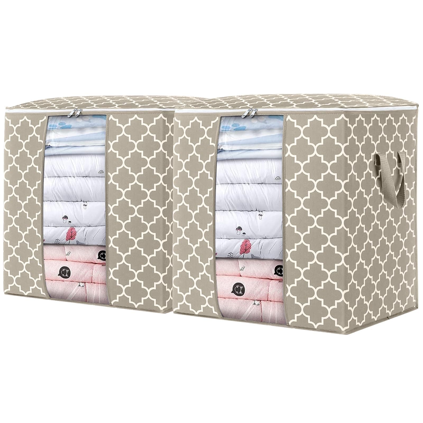WISELIFE Storage Bags 2 Pack/100L Large Blanket Clothes Organization and Storage Containers for Comforters,Bedding, Foldable Organizer with Reinforced Handle, Clear Window, Sturdy Zippers,Beige