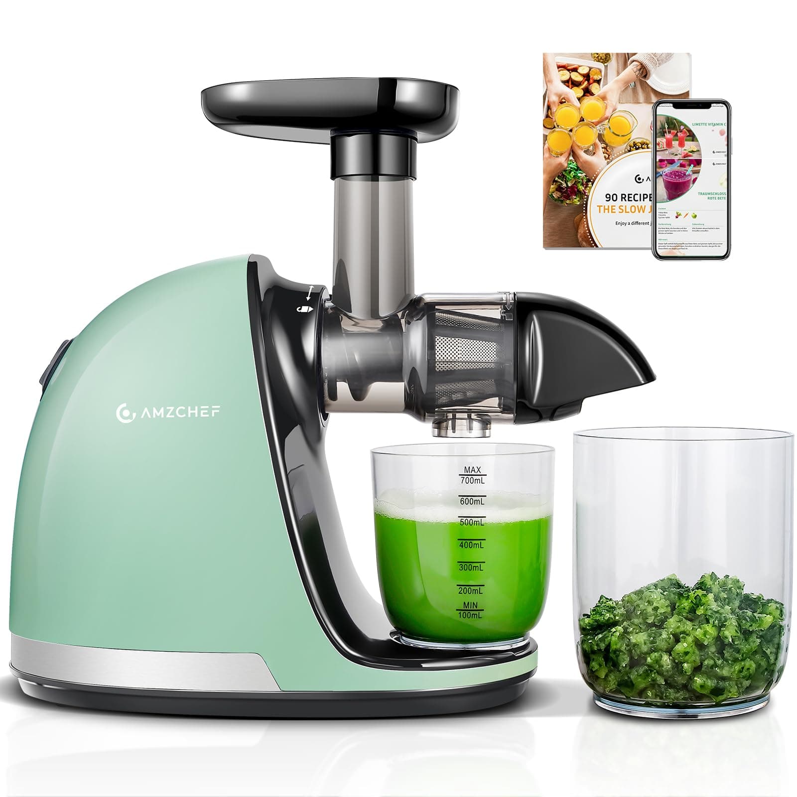 AMZCHEF Juicer Machines - Cold Press Juicer - Slow Masticating for Whole Fruits and Vegetables - Delicate Chew No Need to Filter - Bright Green