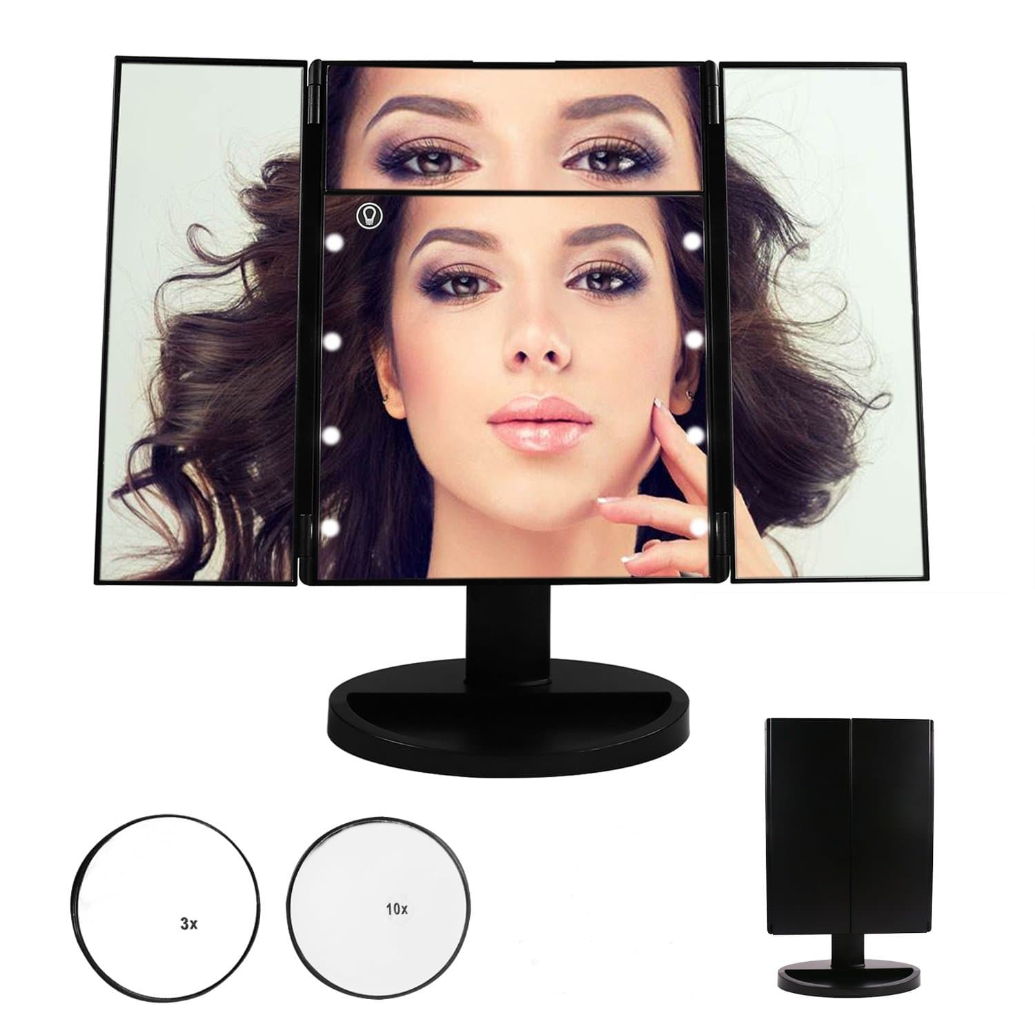 MAVIE LED Mirror, Tri-Fold Lighted Vanity Mirror 8LED Lights Makeup Mirror with Touch Screen, 3X 5X 10X Magnification Mirror, USB Charging Cosmetic Mirror for Bathroom/Travel/Make-up Room