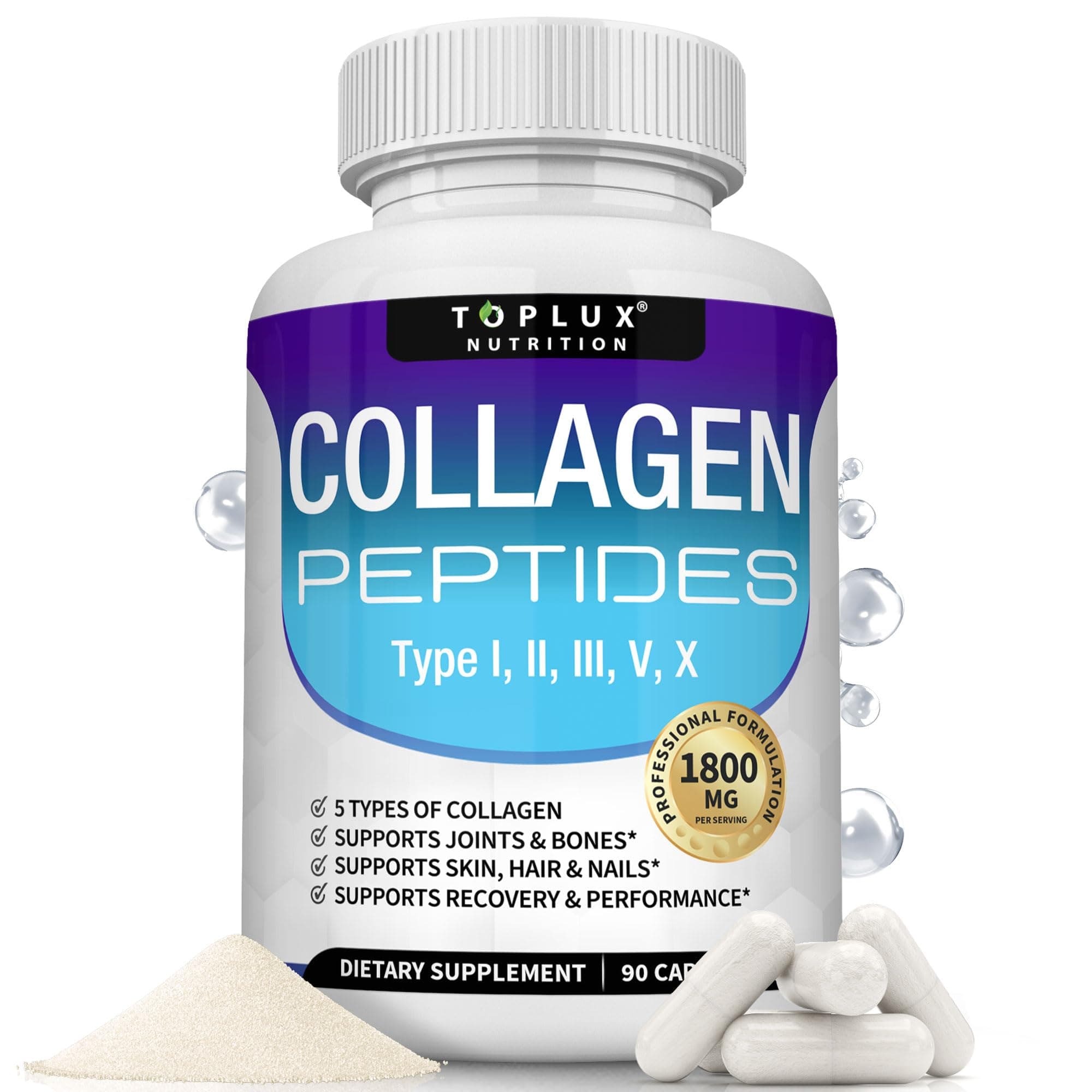 Multi Collagen Peptides Pills 1800 Mg Complex - Type I, II, III, V, X Premium Collagen Complex for Better Skin & Hair, Strong Joint, Hydrolyzed Protein, for Men Women, 90 Capsules, Supplement