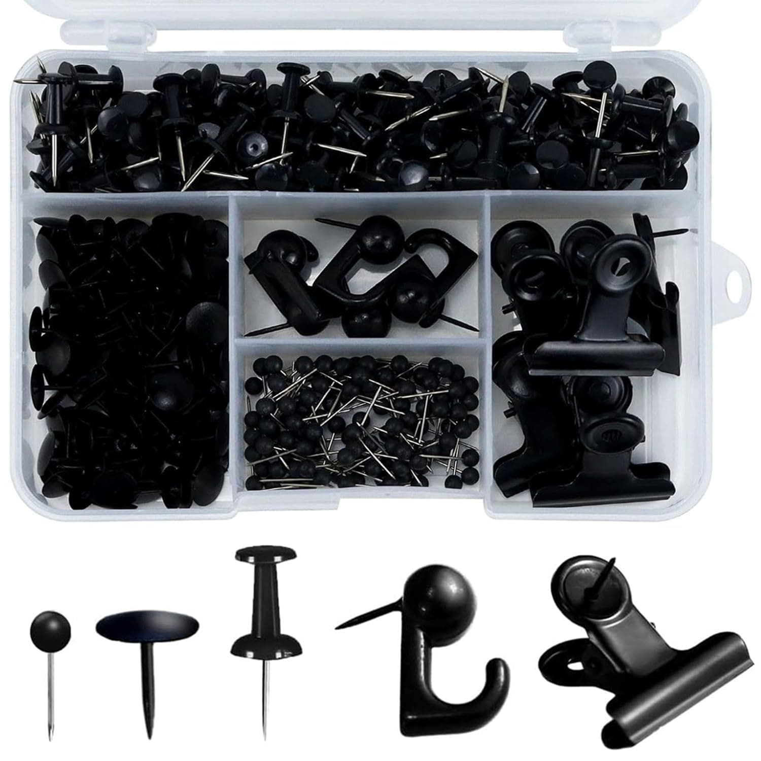 310 Pcs Push Pins Set, Thumb Tacks Decorative Push Pins Map Head Pin for Cork Board with Push Pin Hook Pushpin Clip, 5 Style Office Accessories for Cork Board Map Office (Black)
