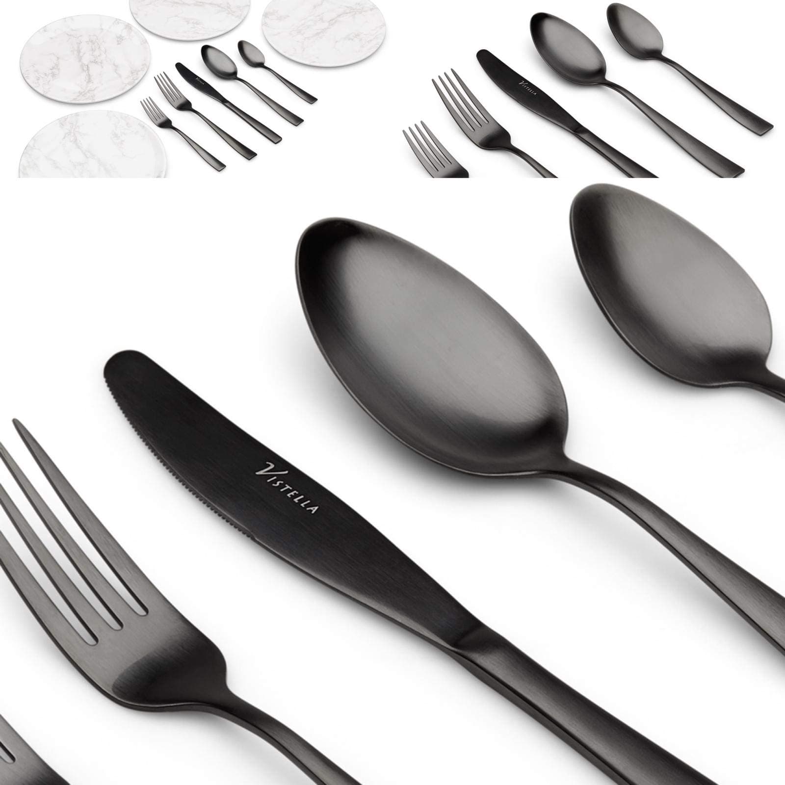 Matte Black Silverware Set 20 Piece - Bonus Melamine Plates - Service for 4 - Highest Grade 18/10 Stainless Steel Modern Flatware