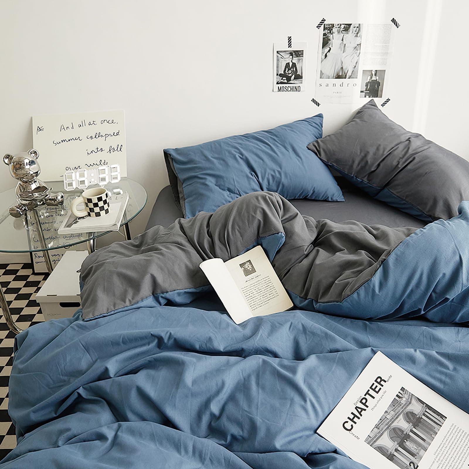 UCHUANG Duvet Cover Set King Size 4 Pcs, Include 1 Quilt Cover 220 x 240cm & 2 Pillow Cases 48 x 74cm & 1 Bedsheet 245 x 265cm, Soft Washed Cotton Bedding Set, NO Comforter - Blue Gray