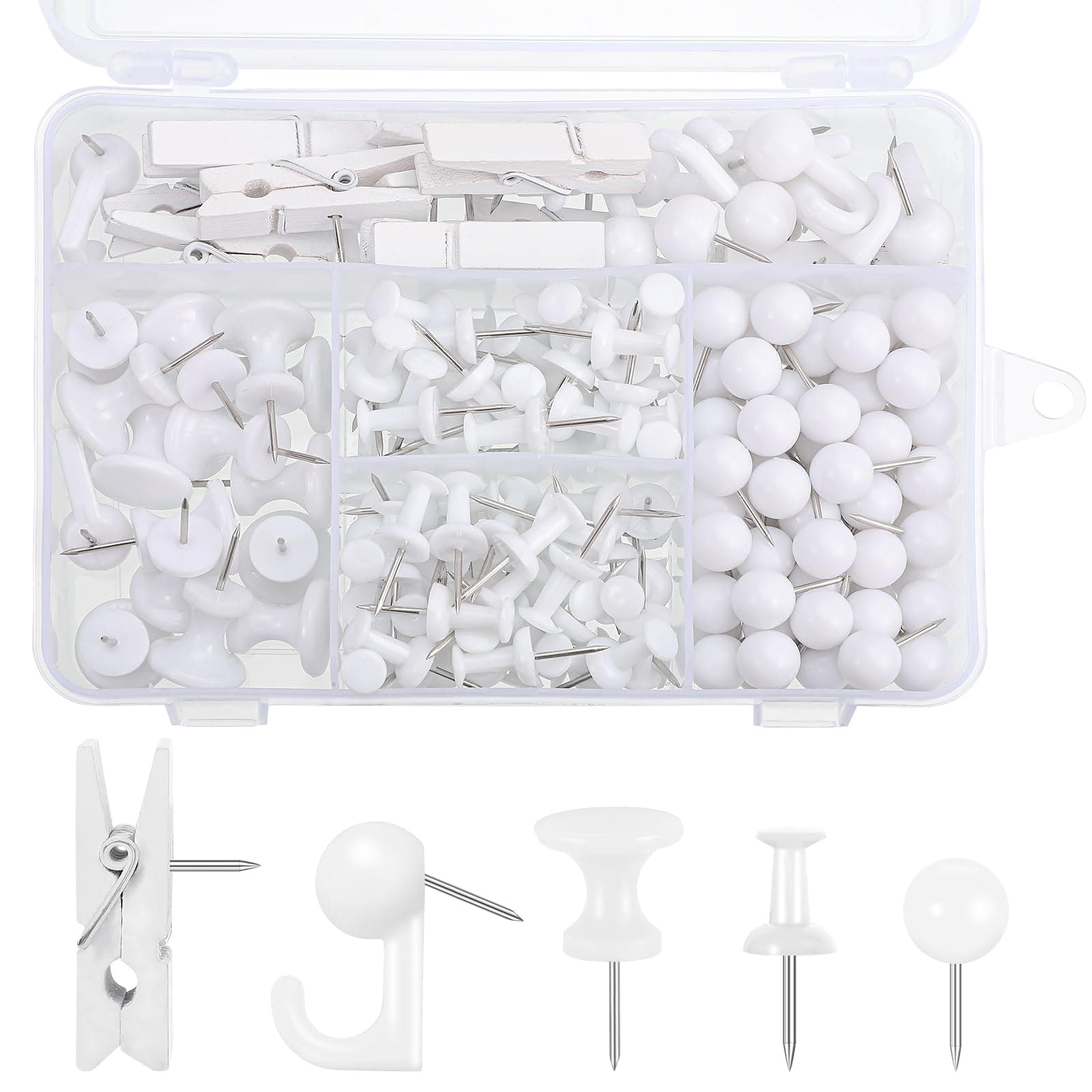 BESARME 200 Pieces Push Pins Set, 5 Types White Thumb Tacks Cute Decorative Push Pins for Wall Cork Board Bulletin Boards with Storage Box