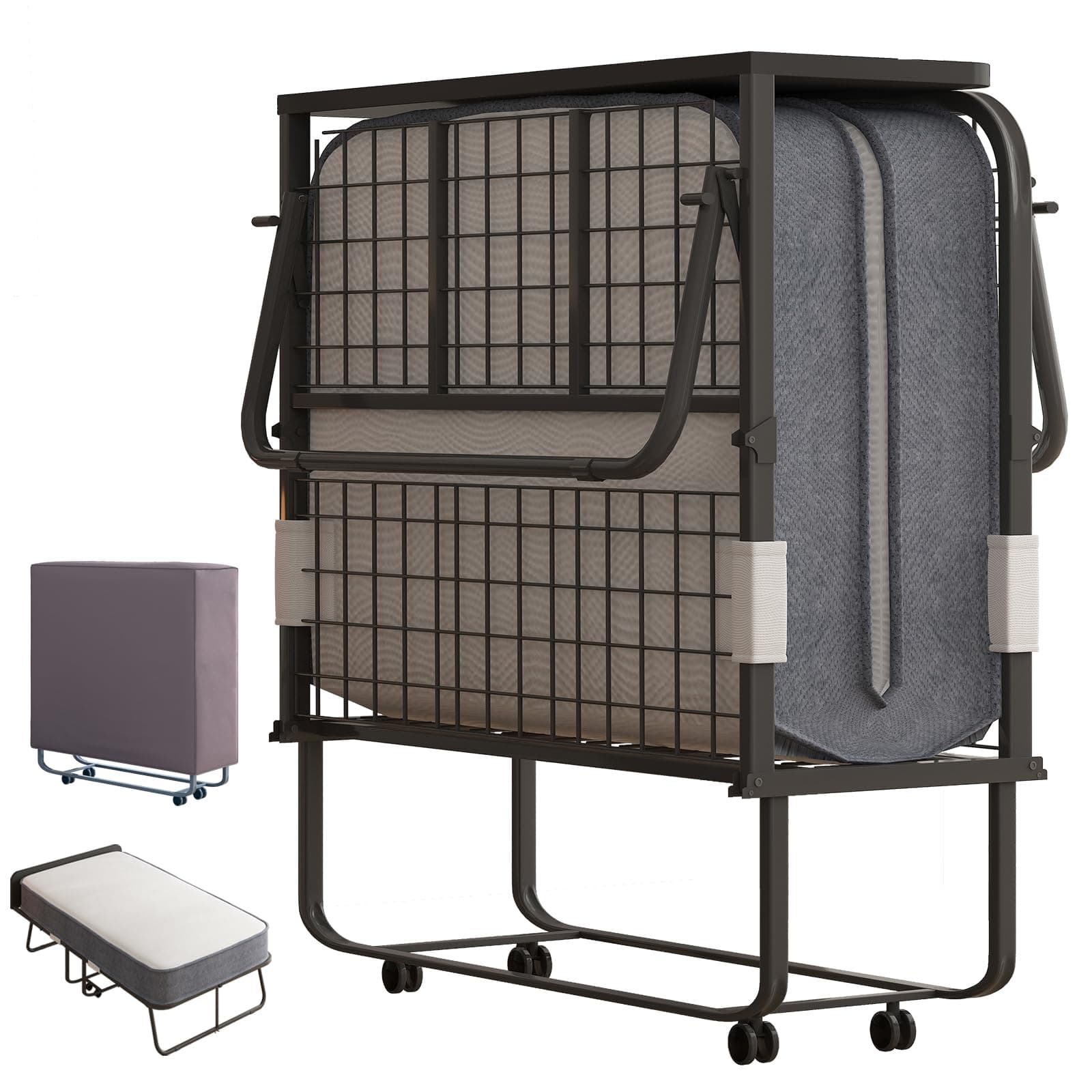 Folding Bed, 75" x 31" Rollaway Bed with 5 Inch Memory Foam Mattress for Adults, Fold Up Roll Away Sleeping Beds, Foldable Portable Guest Beds with Headboard, Dustproof Cover, Sturdy Metal Frame