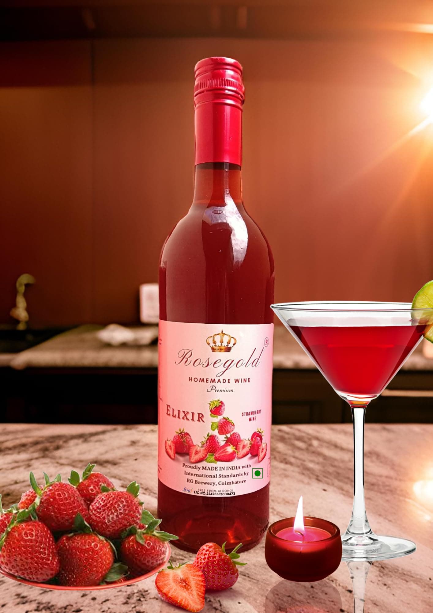 Rosegold-Elixir, Non Alcoholic - Strawberry wine, 750 ml