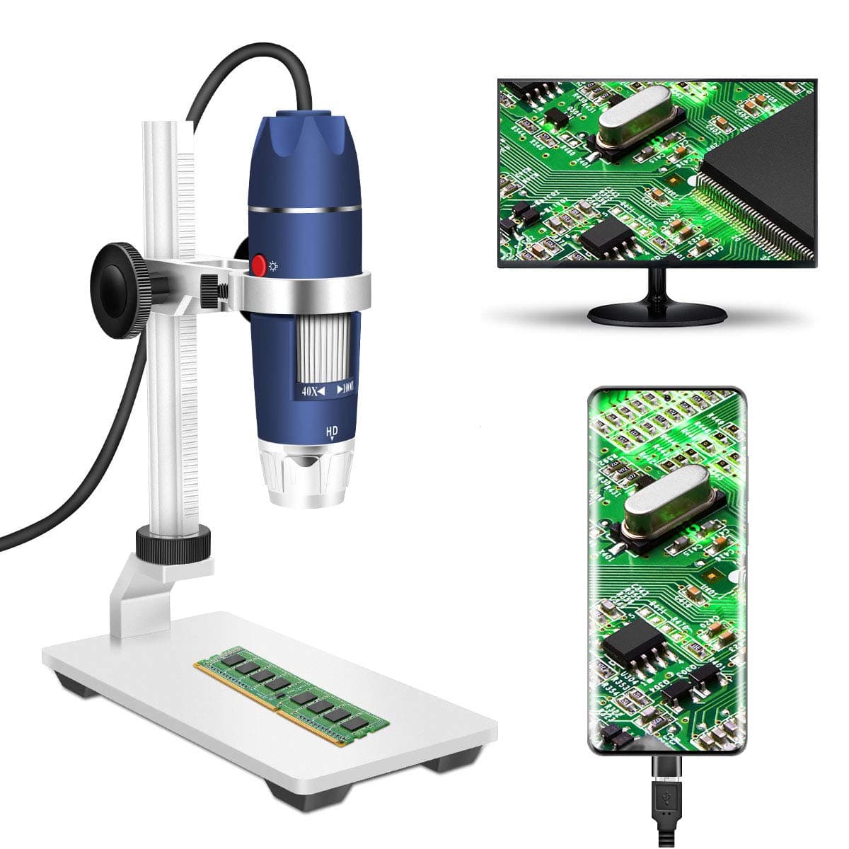 Jiusion HD 2MP USB Digital Microscope 40-1000X Portable Magnification Endoscope Camera with 8 LEDs Aluminum Alloy Stable Stand for OTG Android Mac Windows 7 8 10 11 Linux