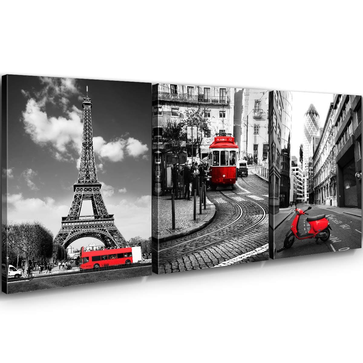 sunfrower Paris Wall Decor Eiffel Tower Canvas Wall Art Black and White Red Bus Bedroom Pictures Home Decorations 12×16 Inch London Urban Building Cityscape Tram Prints Artwork Posters 3 Panels