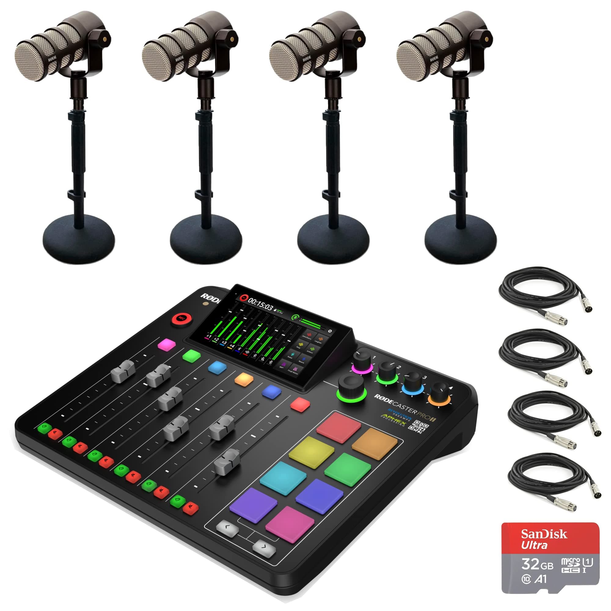 Rode RODECaster Pro II Integrated Audio Production Console with 4x Rode PodMic Dynamic Podcasting Microphones, DS1 Desktop Mic Stands, 32GB microSD Card, XLR Cables and StreamEye Cloth