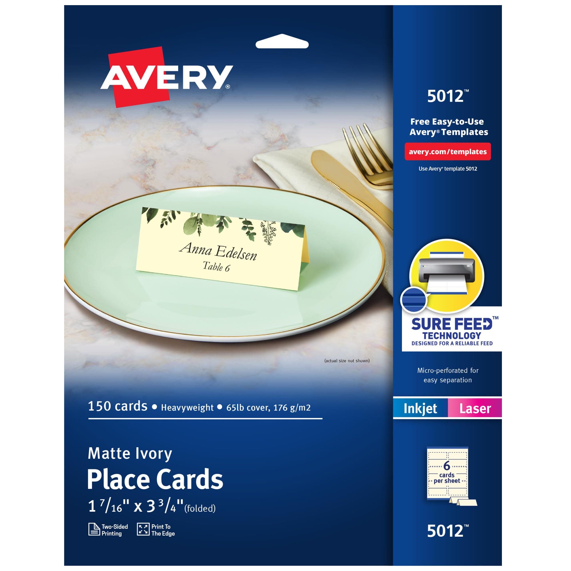 Printable Place Cards with Sure Feed Technology, 1-7/16" x 3-3/4", Textured Ivory, 150 Blank Tent Cards for Laser or Inkjet Printers (5012)