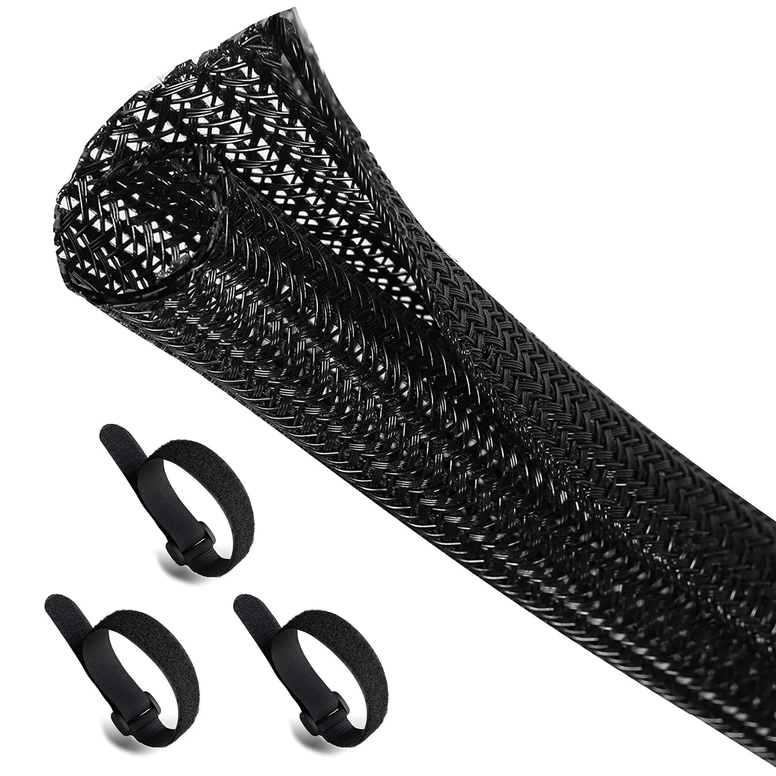 10 feet - 3/8 inch Split Cable Management Sleeve Black, Flame Retardant Wire Loom Braided Mesh Wrap Flexible Organizer Tube Woven Cord Protector for TV Computer Home Auto, with 3 pcs Cable Ties
